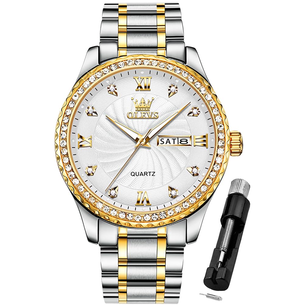 OLEVS Watch for Men Silver Stainless Steel Diamond Male Watches Analog Quartz Luminous Date Day Mens Watch Gift