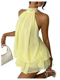 Verdusa Women's Chiffon Halter Drop Waist Wedding Guest Dresses Ruffle Summer Mini Dress Brunch Outfits Butter Yellow X-Small