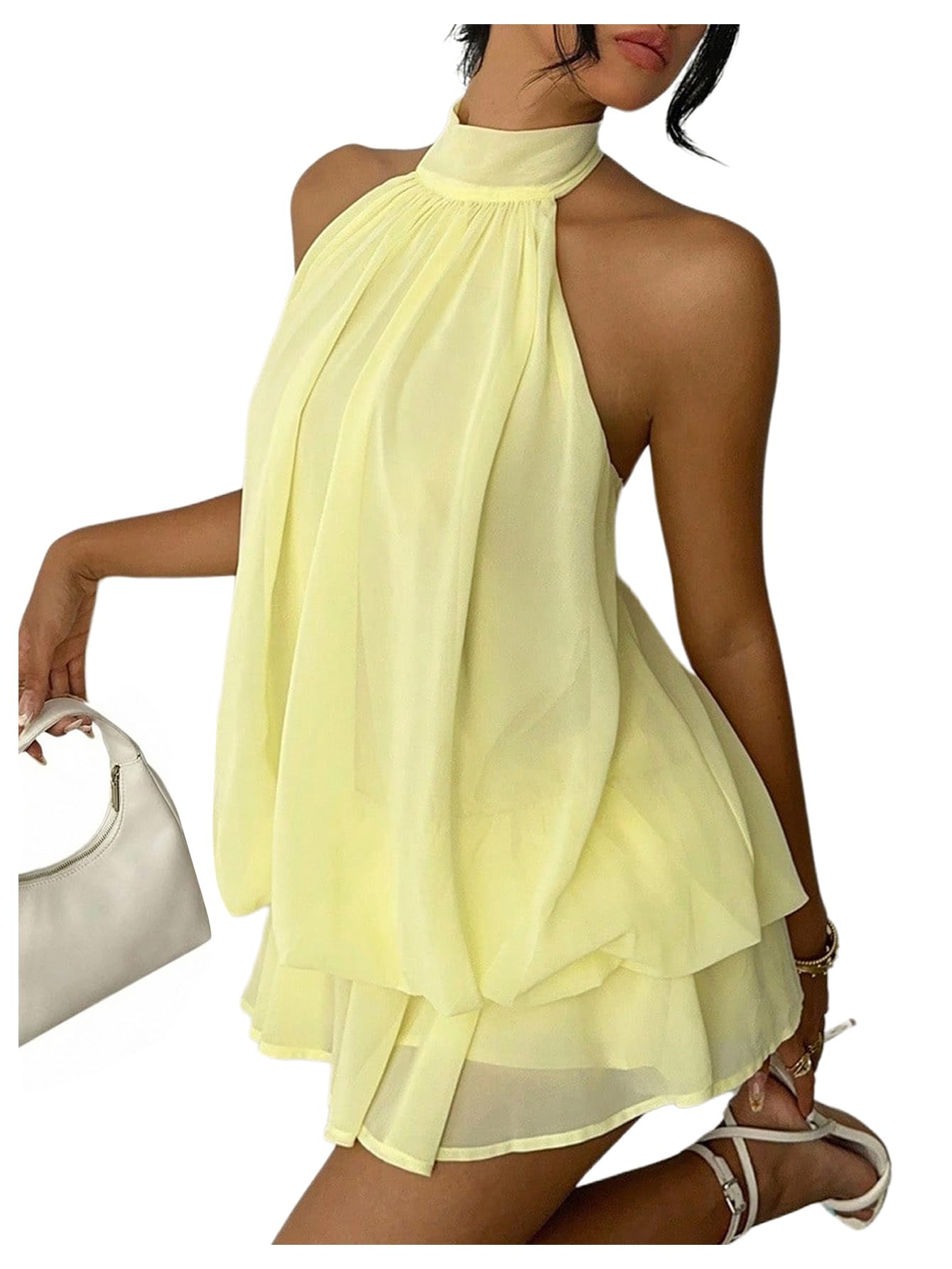 Verdusa Women's Chiffon Halter Drop Waist Wedding Guest Dresses Ruffle Summer Mini Dress Brunch Outfits Butter Yellow X-Small