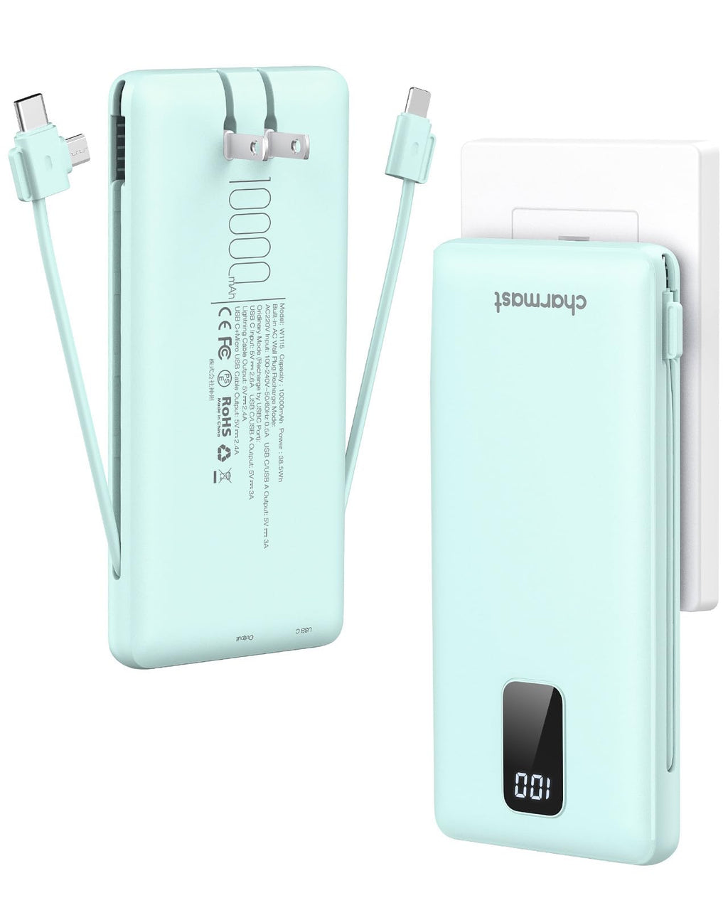charmast Portable Charger with Built-in Cables and Plug, 10000mAh USB C Power Bank Fast Charging, External Battery Pack Slim, Travel Essentials Compatible with iPhones, Samsung Galaxy, iPad