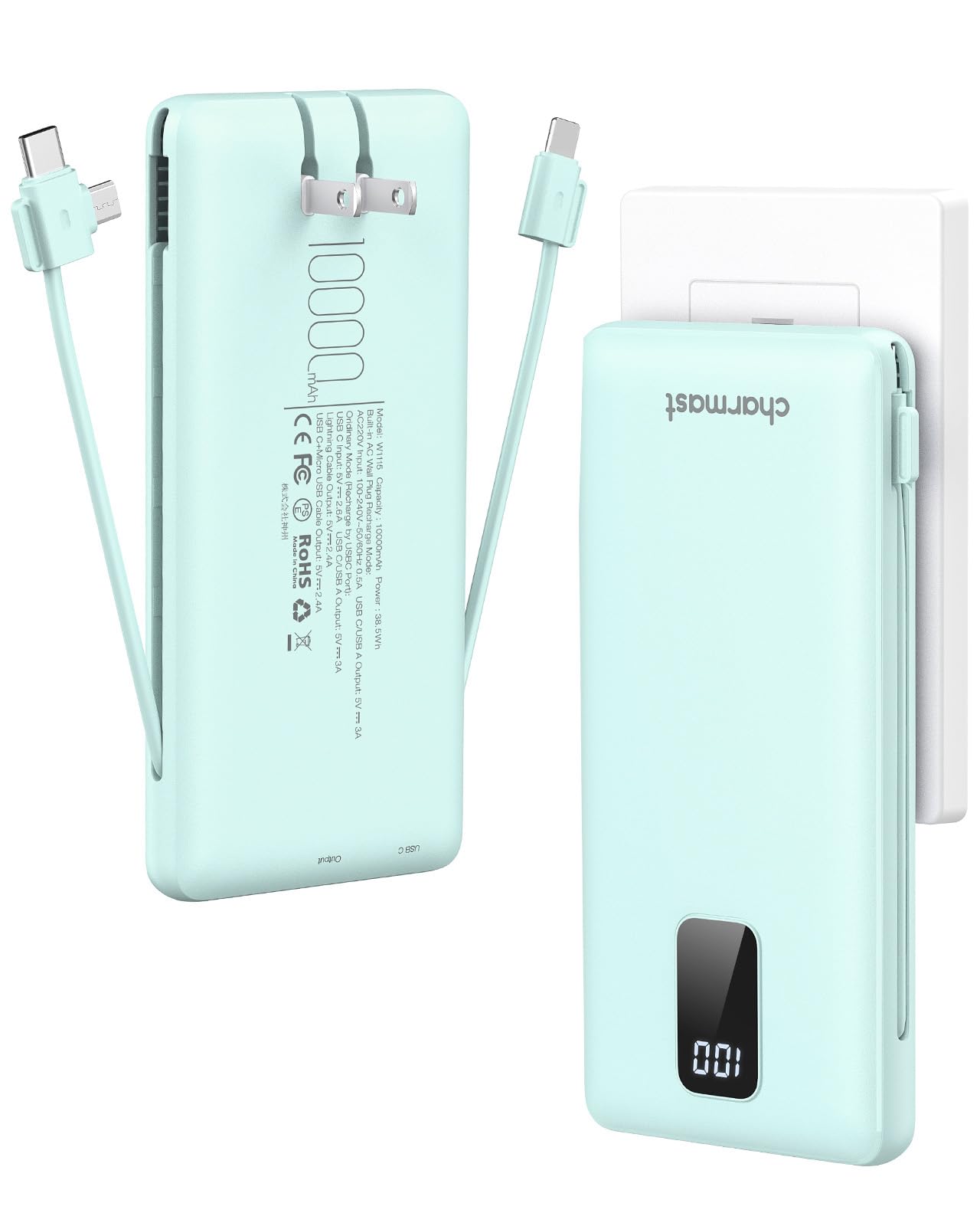 charmast Portable Charger with Built-in Cables and Plug, 10000mAh USB C Power Bank Fast Charging, External Battery Pack Slim, Travel Essentials Compatible with iPhones, Samsung Galaxy, iPad