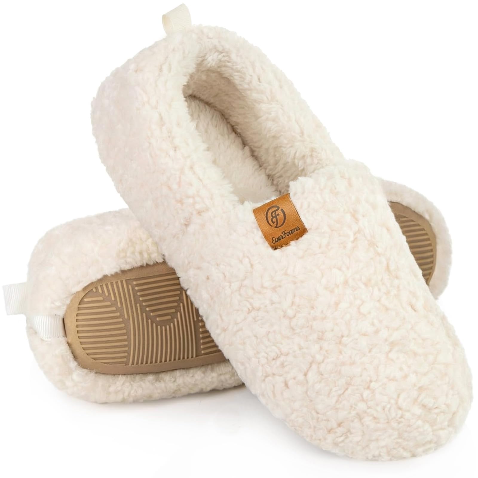 EverFoams Women’s Soft Curly Full Slippers Memory Foam Lightweight House Shoes Cozy Loafer with Polar Fleece Lining Cream White,8.5 US