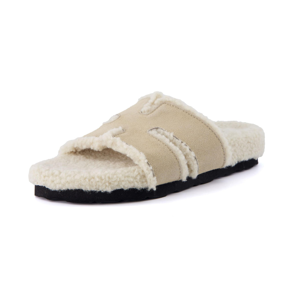 CUSHIONAIRE Cuddle Fur Slippers for Women Faux Shearling Slide Sandal +Memory Foam, cozy slippers, SAND 8