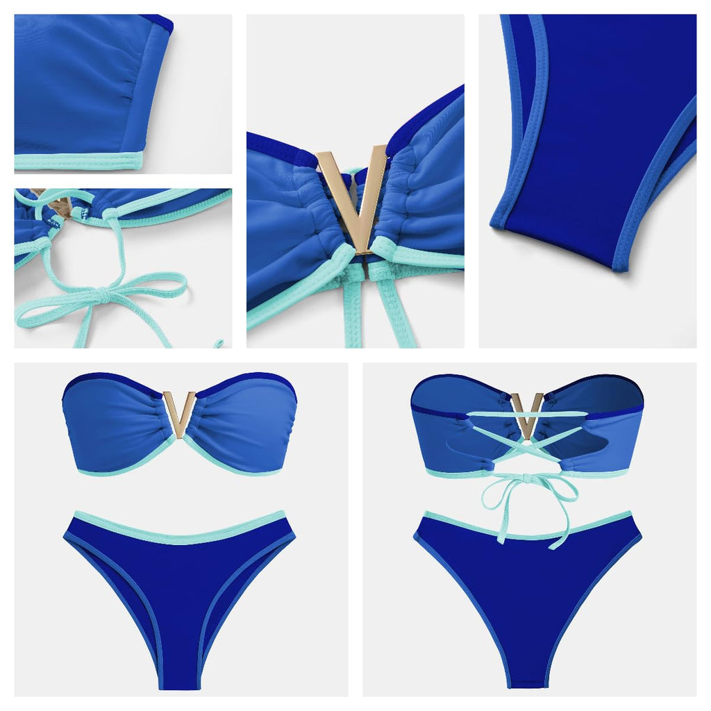 ZAFUL Women's Bandeau Bikini V Strapless Confetti Colorblock Tie Back High Cut Two Piece Swimsuit Bathing Suits (1-Blue, M)