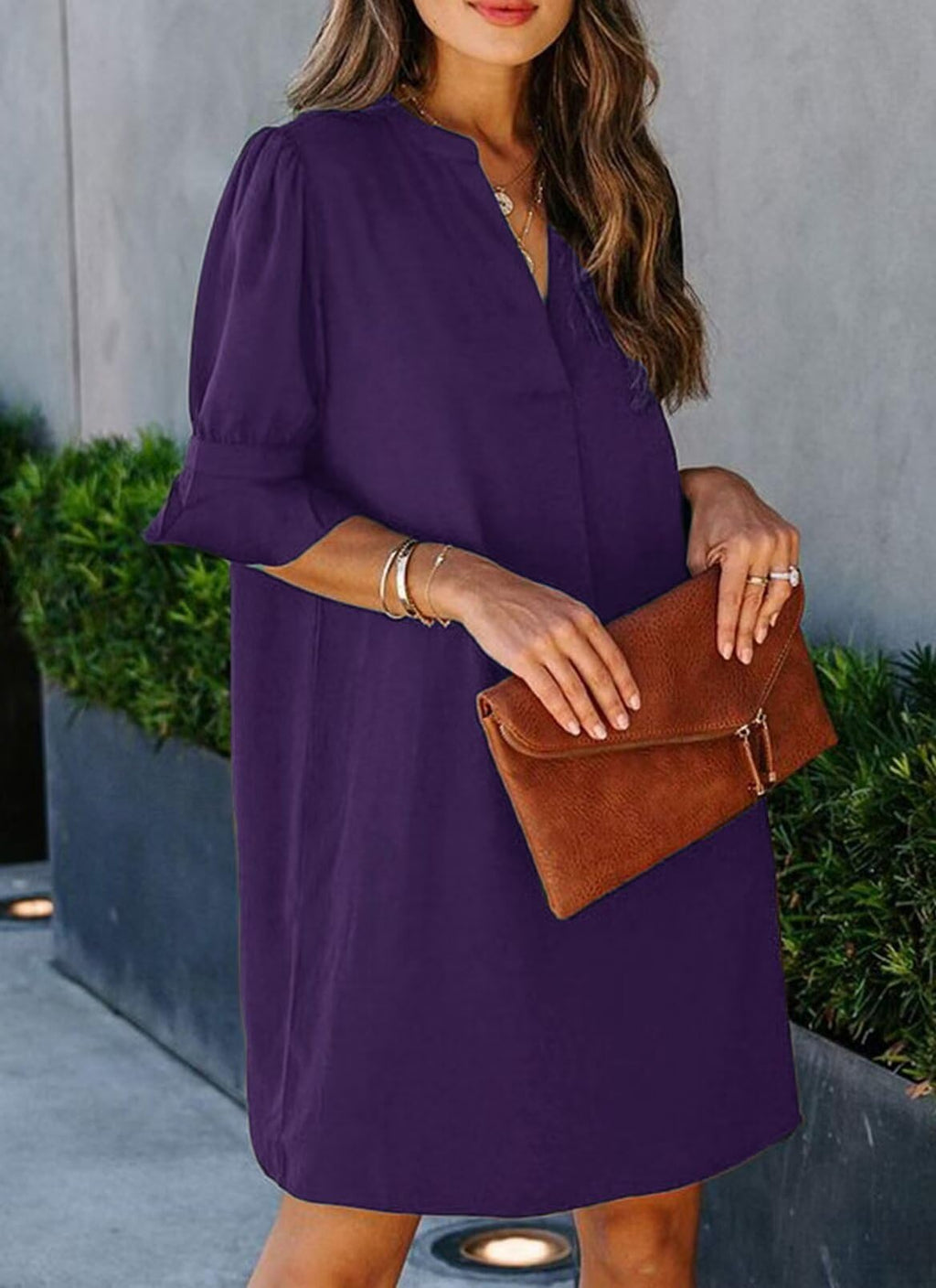 QACOHU Summer Dresses for Women's Summer Tunic V Neck Casual Loose Flowy Swing Shift Dress Purple L
