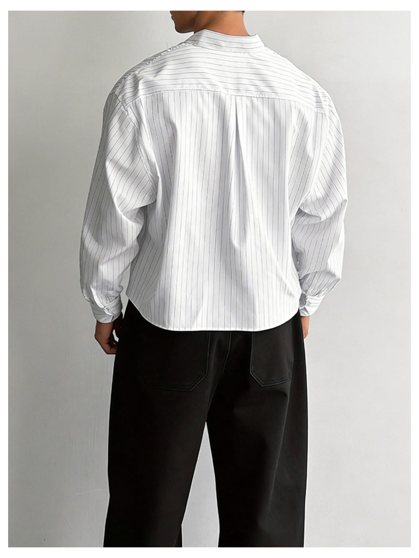 GORGLITTER Men's Cropped Button Down Shirts Striped Long Sleeve Oversized Casual Shirt Hip Hop Streetwear White Large