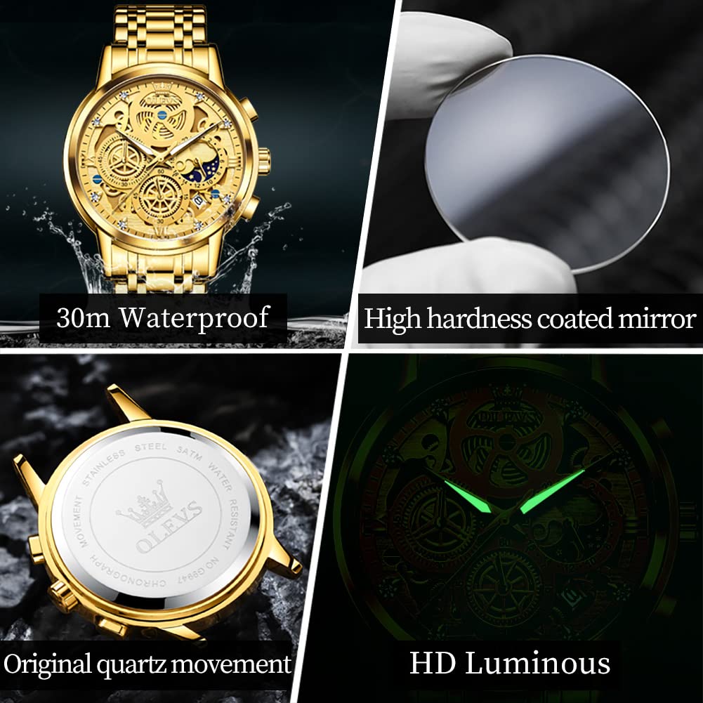 OLEVS Gold Watches for Men Stainless Steel Luxury Diamond Watch Chronograph Multifunction Business Mens Gold Watch with Date Mens Classic Dress Casual Watches Waterproof Sport reloj de hombre Gift for Men