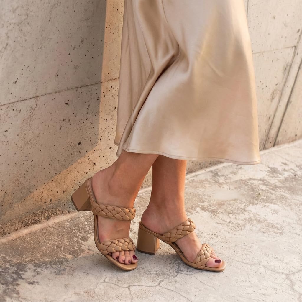 CUSHIONAIRE Onyx Chunky Heels for Women – Slip On Braided Sandals with Block Heel, Wide Widths Available, TAN 8.5