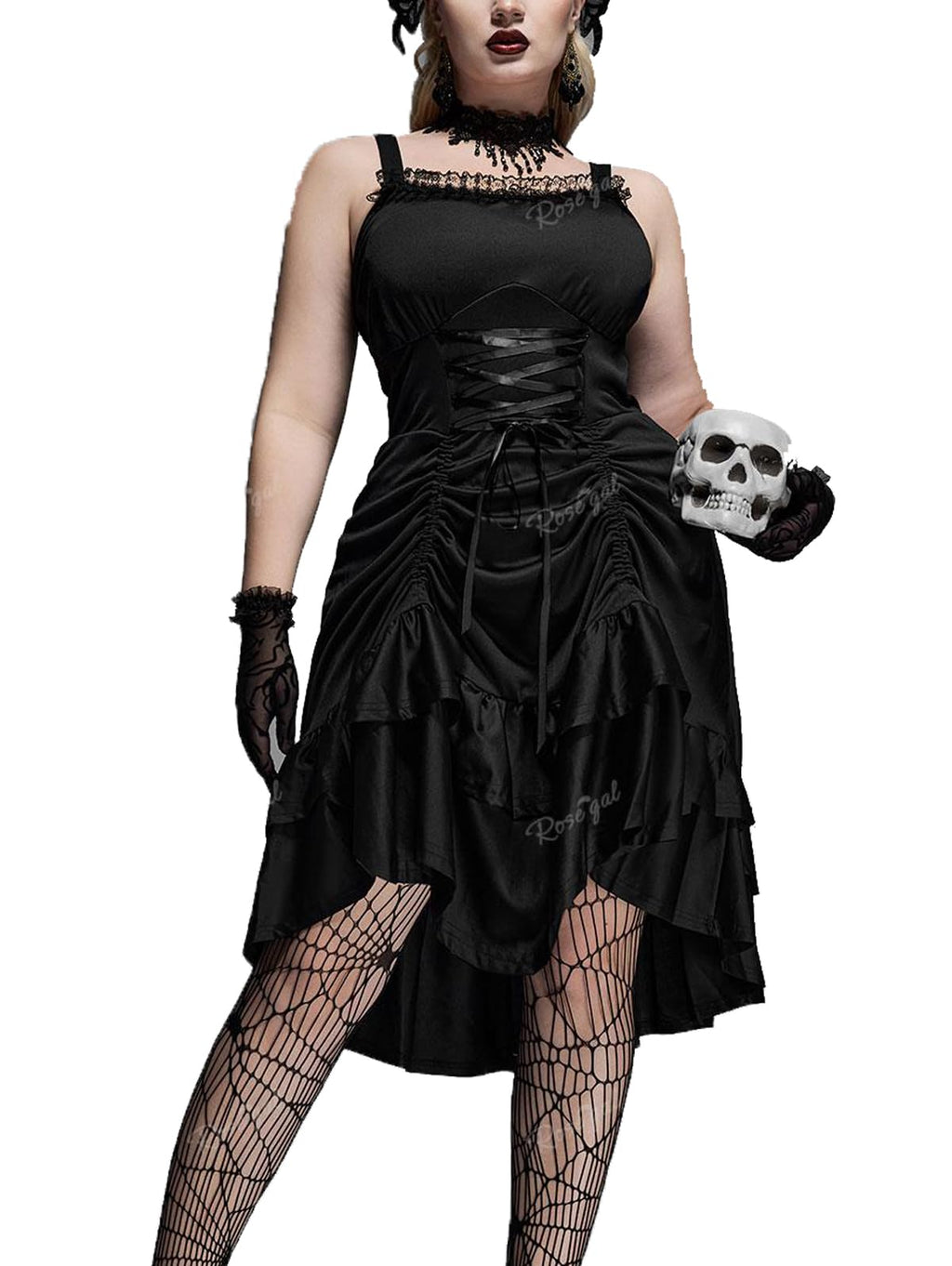 ROSE GAL Women Plus Size Victoria Gothic Renaissance Lace Trim Lace-up Ruffled Cinched Ruched High Low Dress Steampunk Dress(Black_5/1X)