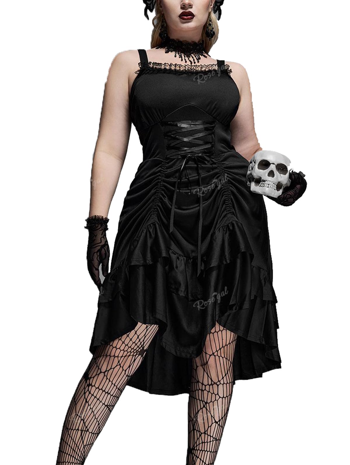 ROSE GAL Women Plus Size Victoria Gothic Renaissance Lace Trim Lace-up Ruffled Cinched Ruched High Low Dress Steampunk Dress(Black_5/1X)