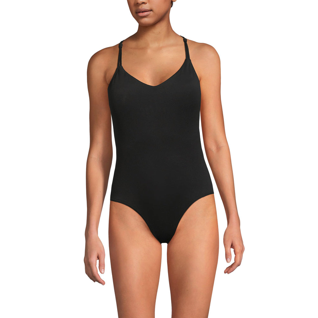 Lands' End Women's Tugless Quickdry Strappy Back High Leg One Piece 2 Black
