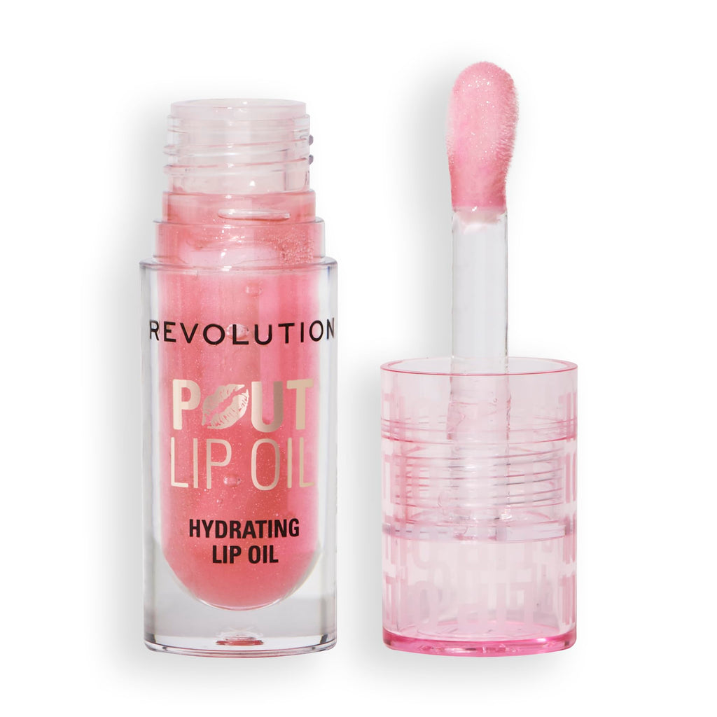 Revolution Beauty London, Pout Lip Oil, Nourishing Tinted Lip Oil, High Shine, Non-Sticky Finish, Vegan & Cruelty-Free, Glam Pink Shimmer, 0.13 oz