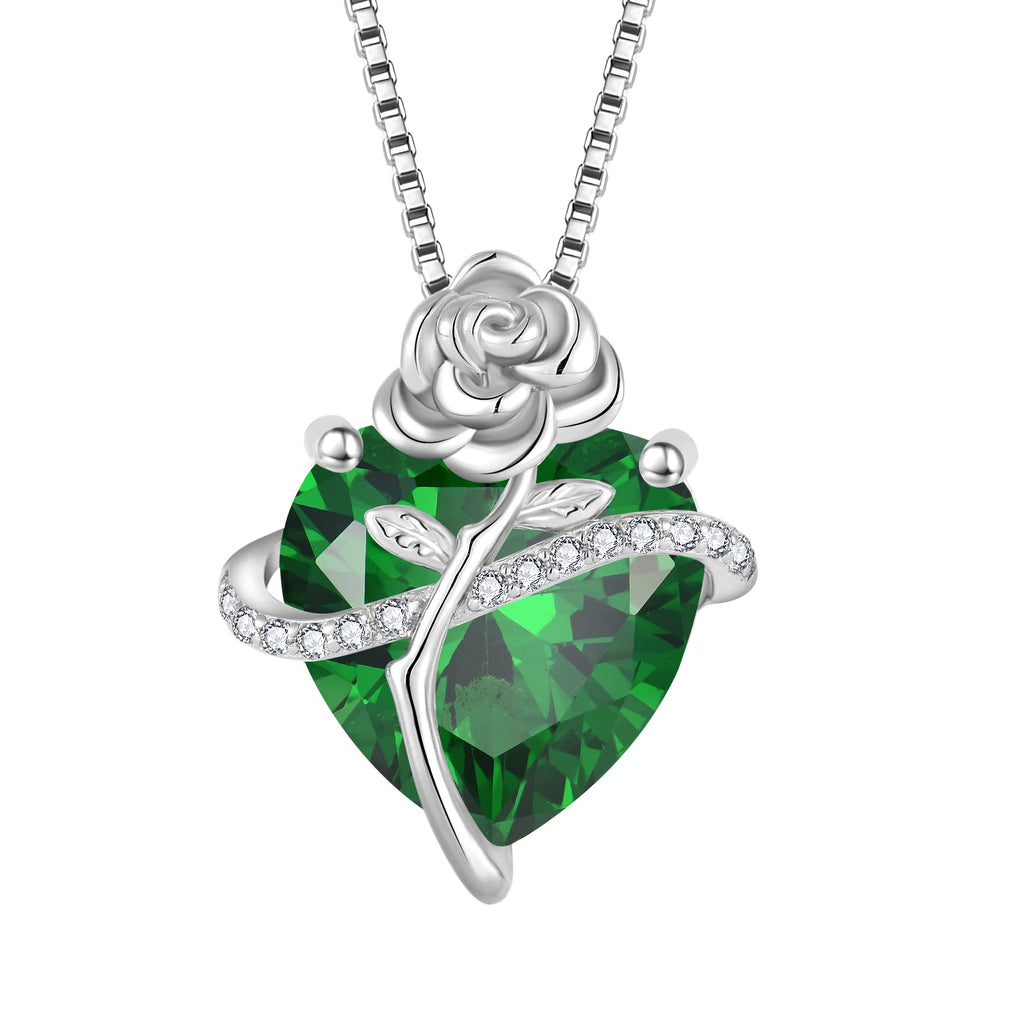 Rocayi Emerald Necklace May Birthstone Necklace for Women 925 Sterling Silver Love Heart Rose Flower Necklace Dainty Jewelry for Women