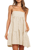 Wenrine Womens Summer Plaid Mini Dress Casual Spaghetti Strap Sleeveless A Line Beach Sundress with Pockets Apricot Yellow