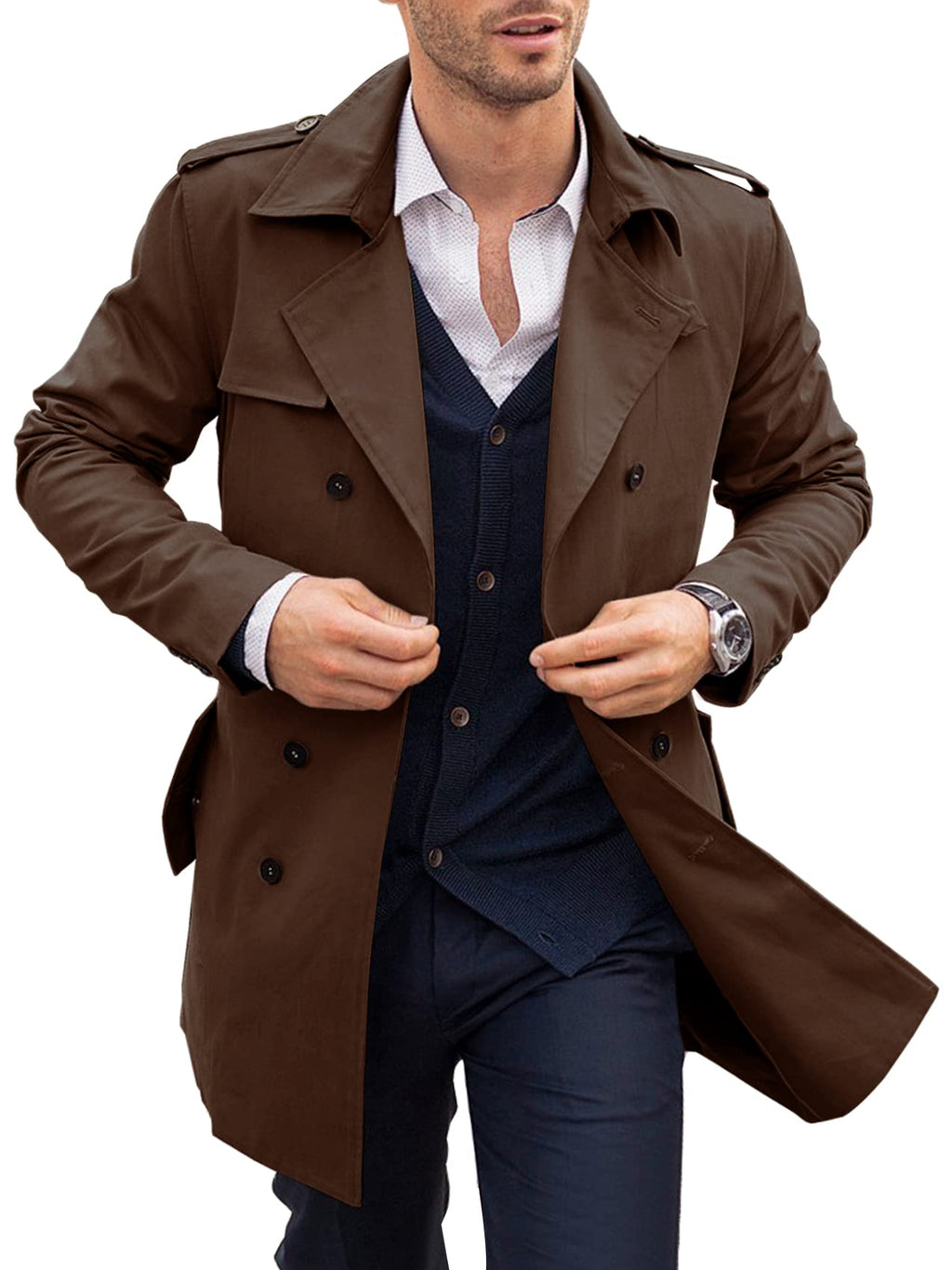 PASLTER Mens Trench Coat Notched Lapel Double Breasted Long Jacket Windbreaker Overcoat Pea Coat
