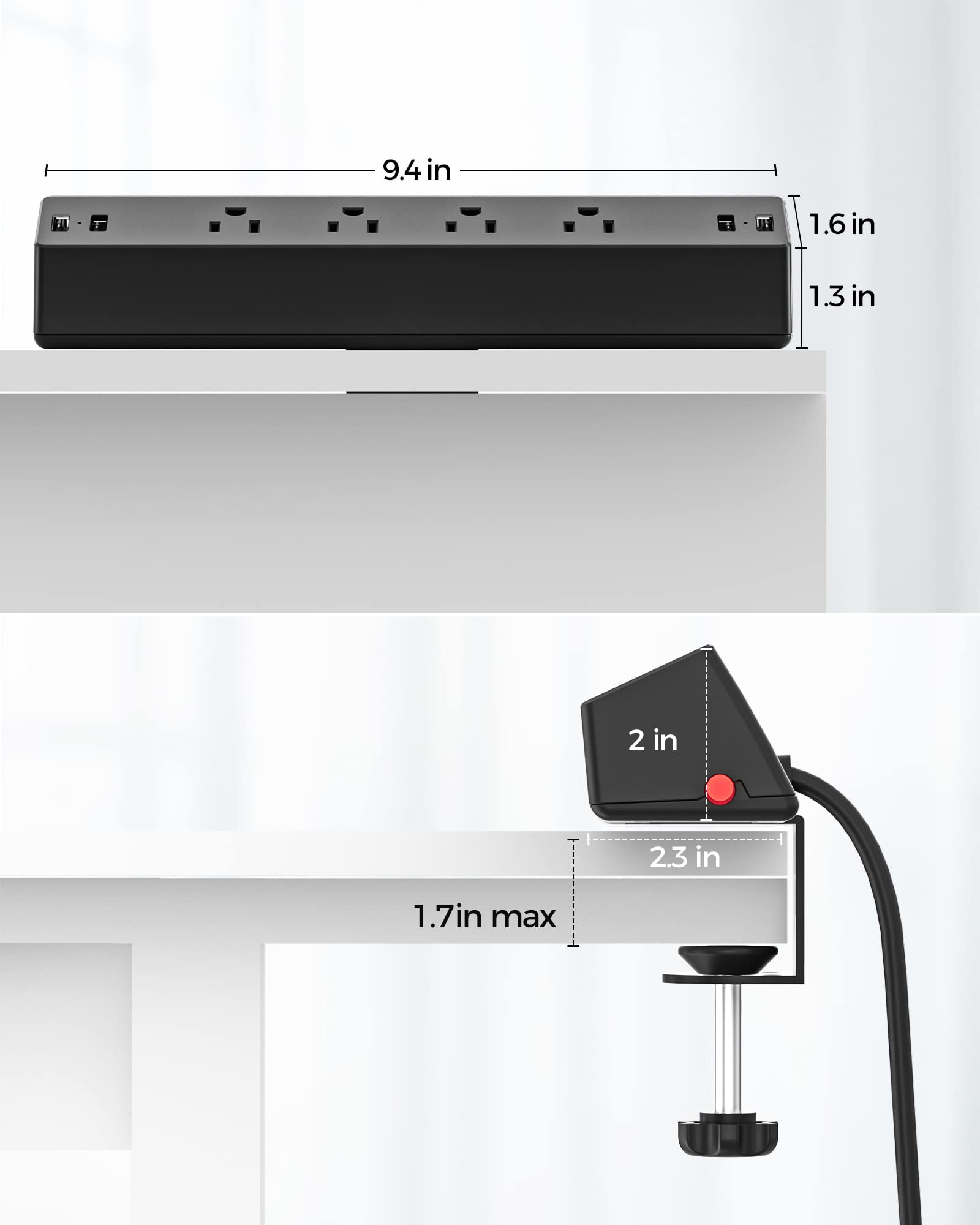 Desk Clamp Power Strip, Flat Plug Fast Charging Station, Desk Mount Surge Protector with PD 20W USB C Ports, Fit 1.7 inch Tabletop Edge Thick, Desktop Outlets for Home Office.