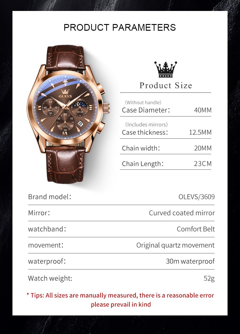 OLEVS Brown Watches for Men Classic Multifunction Chronograph Mens Watches Moon Phase Luminous Waterproof Dress Men's Wrist Watch Luxury Analog Quartz Date Relojes para Hombres