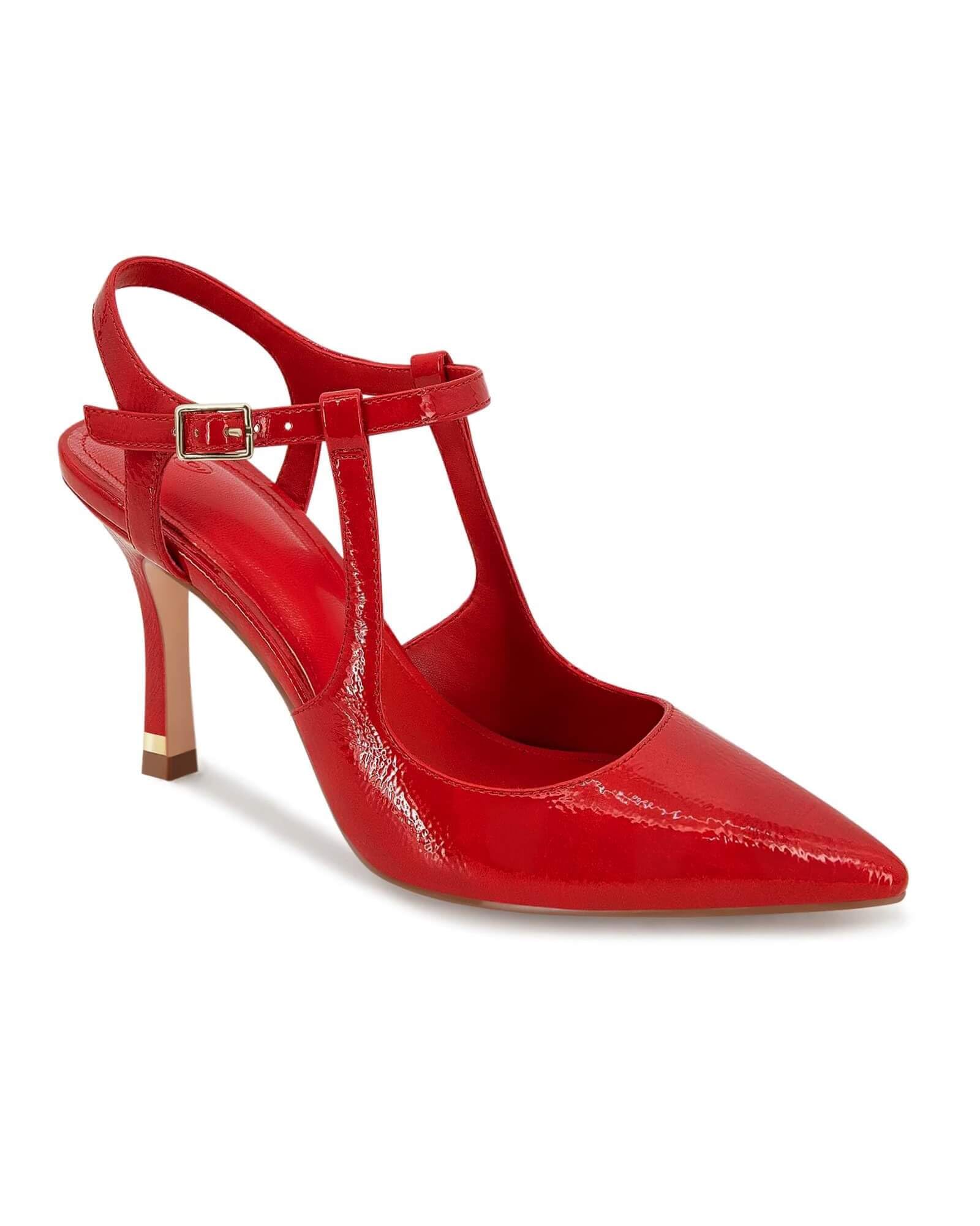 Coutgo Womens High Heels Pointed Toe Ankle Strap Pumps Patent Leather Sexy Stiletto Office Wedding Dress Shoes, Red, Size 8