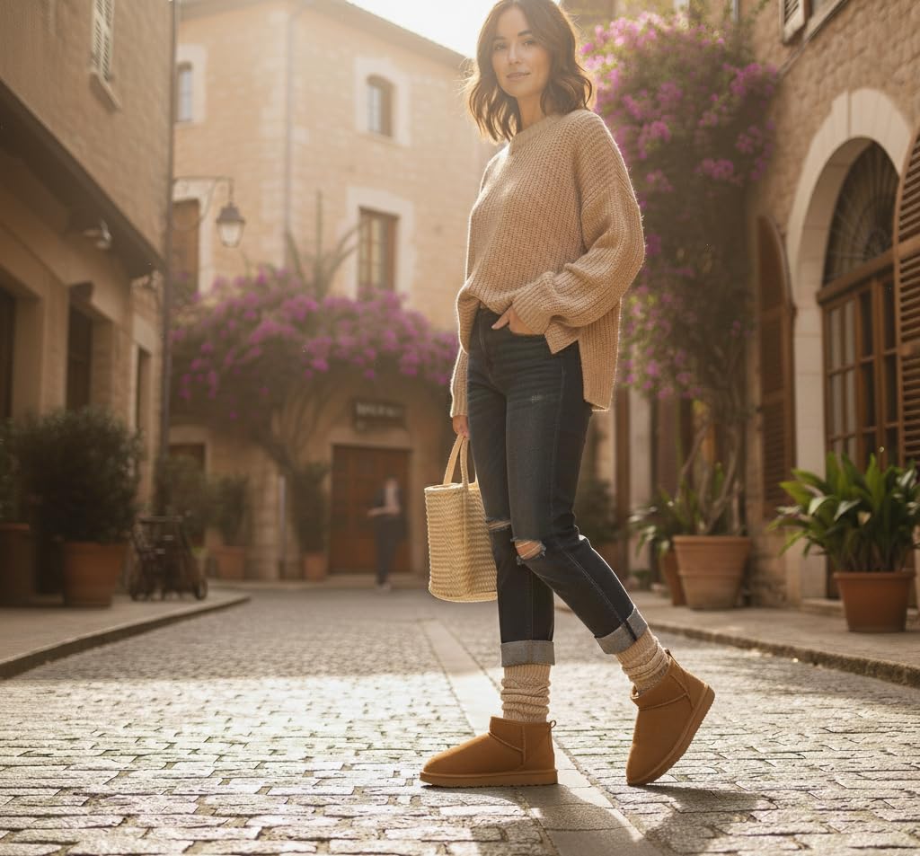 CUSHIONAIRE Hip 2 Genuine Suede Ankle Boots for Women, Cozy Faux Shearling Lining Pull On Winter Womens Boots, CHESTNUT 8.5