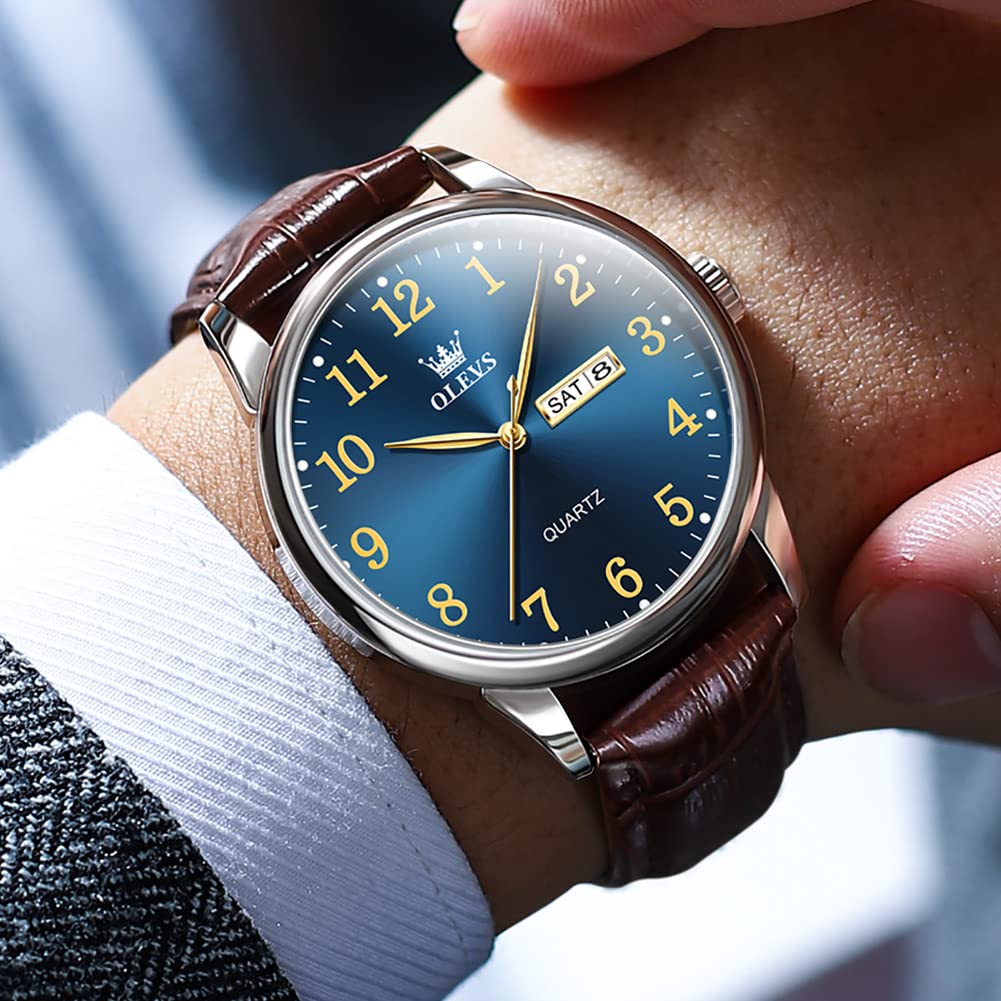 OLEVS Brown Leather Watch Men Blue Big Face Minimalist Simple Easy to Read Watches for Men Vintage Classic Business Casual Men’s Watch Day Date Analog Waterproof Extra Large Wrists Mens Watches