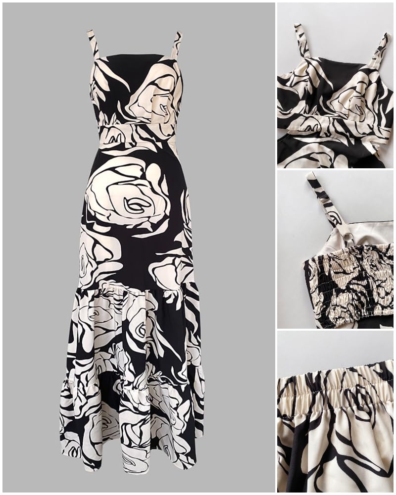 CHICME Summer Dresses for Women 2026 Sleeveless Casual Boho Maxi Dress Square Neck Hollow-Out Floral A Line Black Dress-S