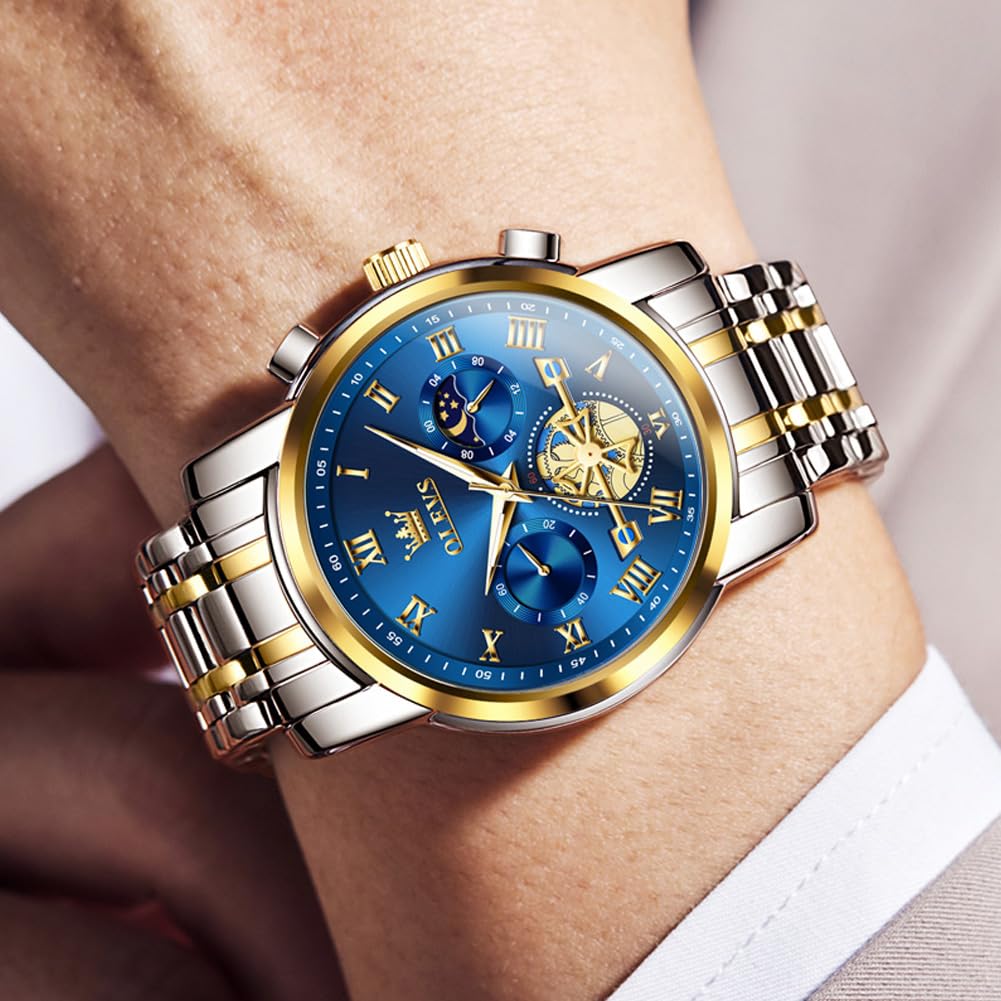 OLEVS Watch Men Original Watches for Mens Luxury Dress Business Fashion Waterproof Watch Water Resistant Roman Numbers Chronograph Stainless Steel Metal Adjustable Large Blue Faces Casual Analog Watches