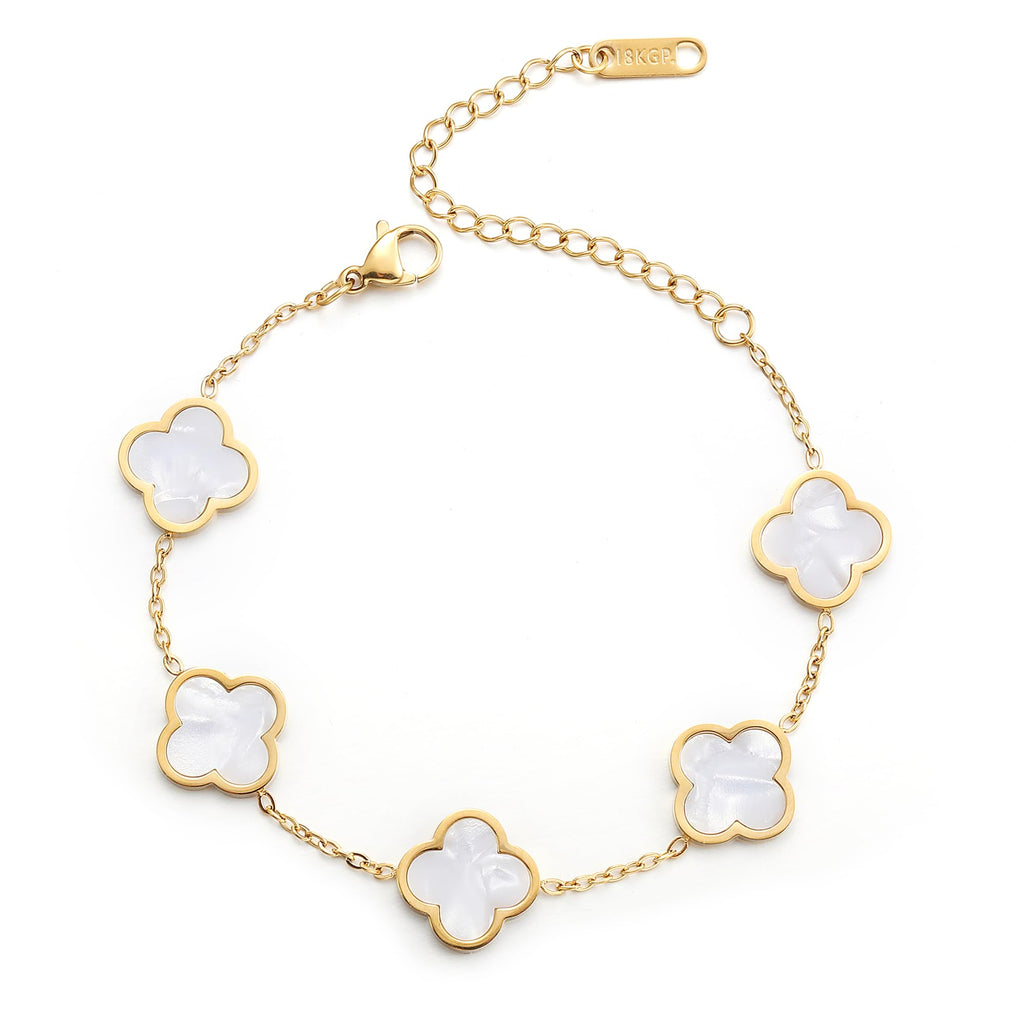 AIPPK 18K Gold Plated Clover Lucky Bracelet Dupes for Women White Flower Four Leaf Bracelets Trendy Jewelry Gifts for Women