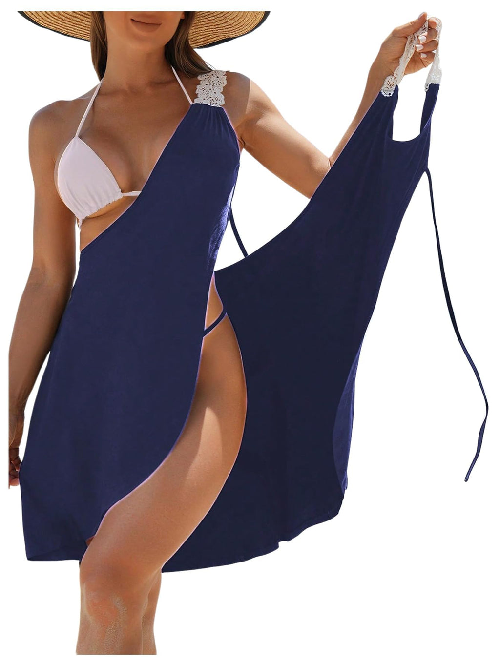 WDIRARA Women's Swimwear Wrap V Neck Criss Cross Tie Backless Cover Up Contrast Lace Sleeveless Halter Beach Dress Plain Deep Blue XX-Large