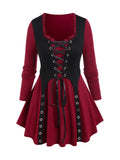 ROSE GAL Rosegal Women Plus Size Steampunk Victorian Gothic Grommet Lace-up Corset Bustier Renaissance Top Long Sleeves Underbust T-shirt(Red_1/L)
