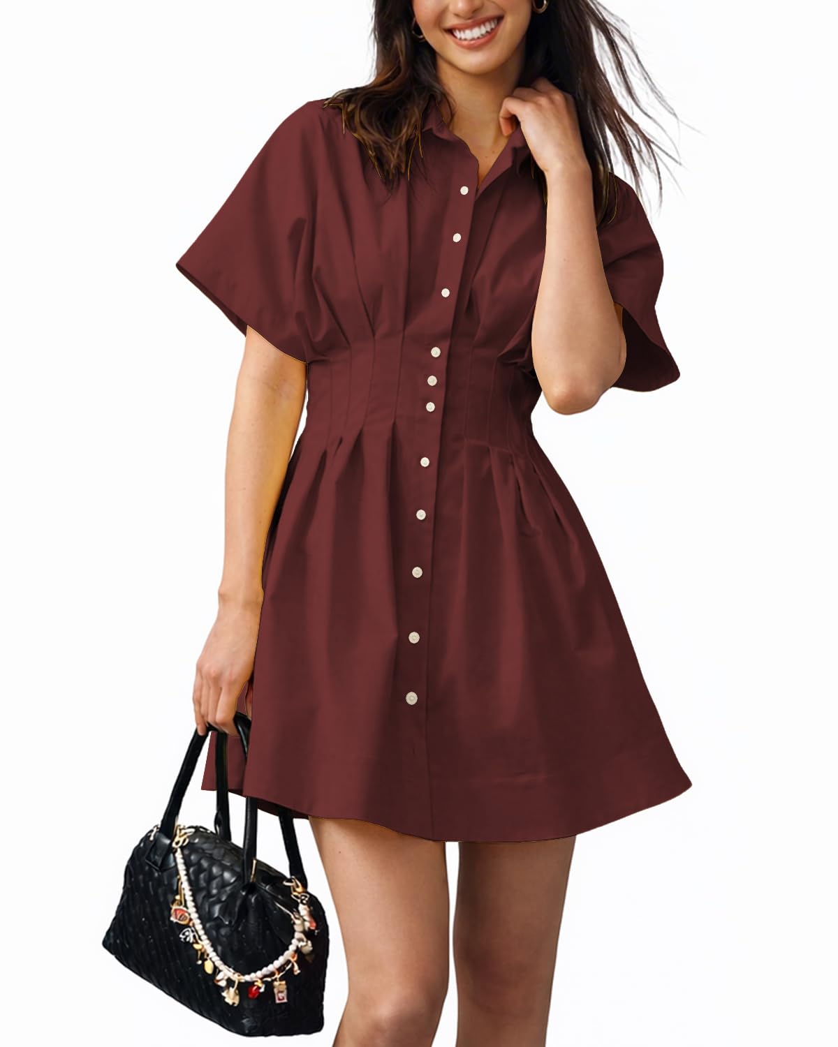 Shy Velvet Women’s Mini Shirt Dress Casual Button Down Short Sleeve Collared Summer Dresses Burgundy