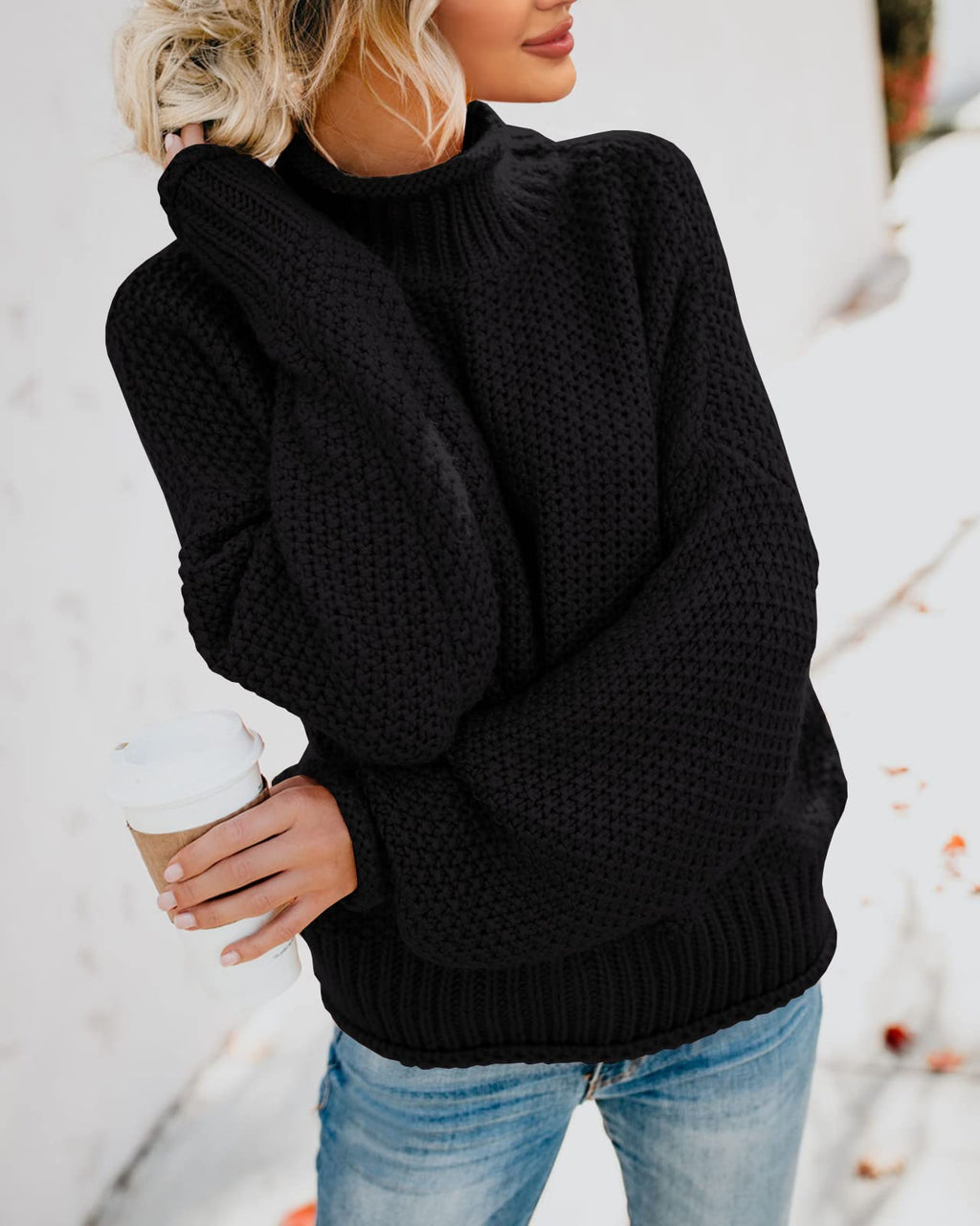 Saodimallsu Womens Turtleneck Oversized Sweaters Batwing Long Sleeve Pullover Loose Chunky Knit Jumper (Medium, Black)