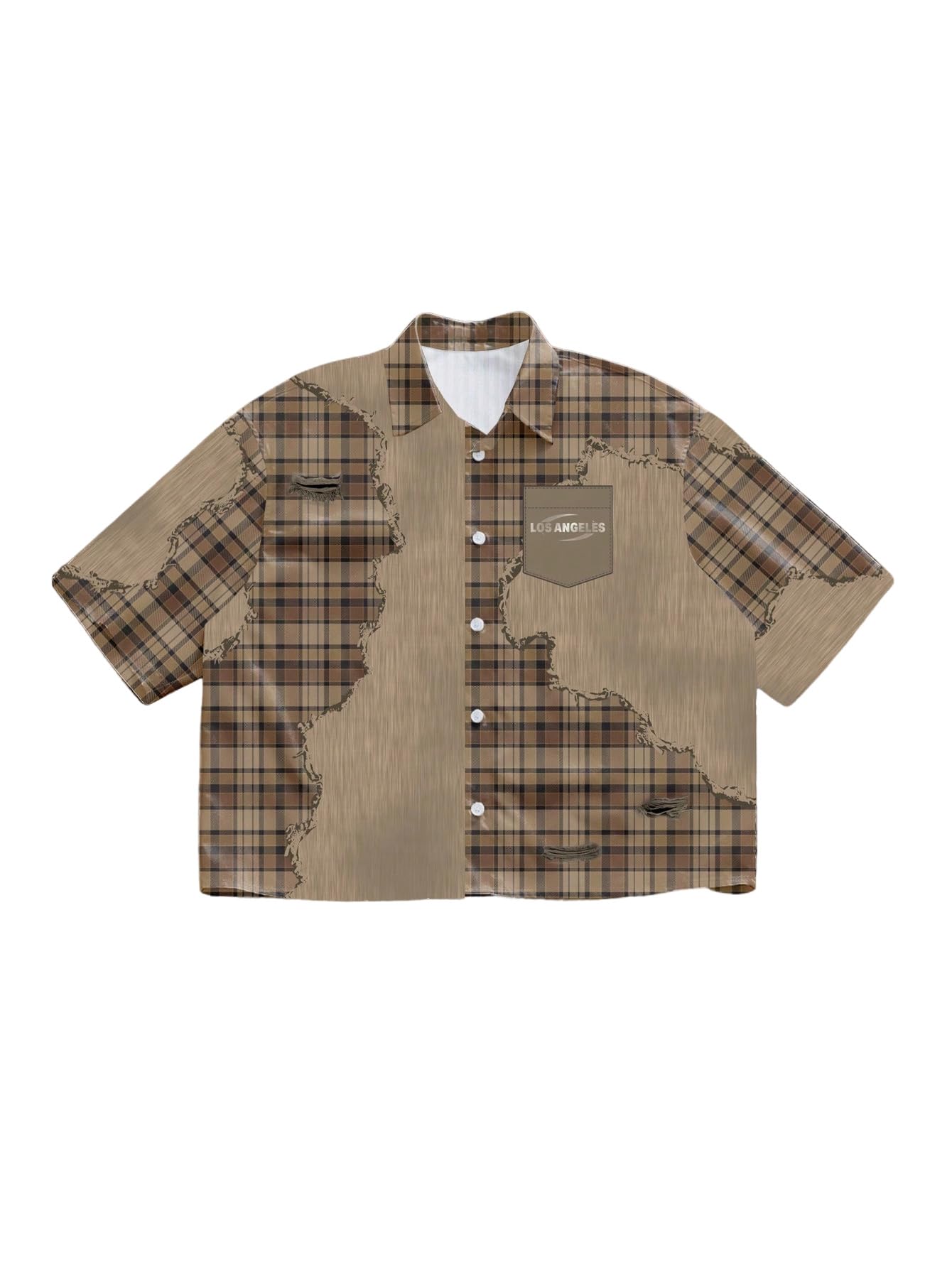 VIPWOLF Men's Cropped Shirts Gingham Plaid Button Up Oversized Colorblock Short Sleeve Crop Tees Streetwear Brown Plaid Large