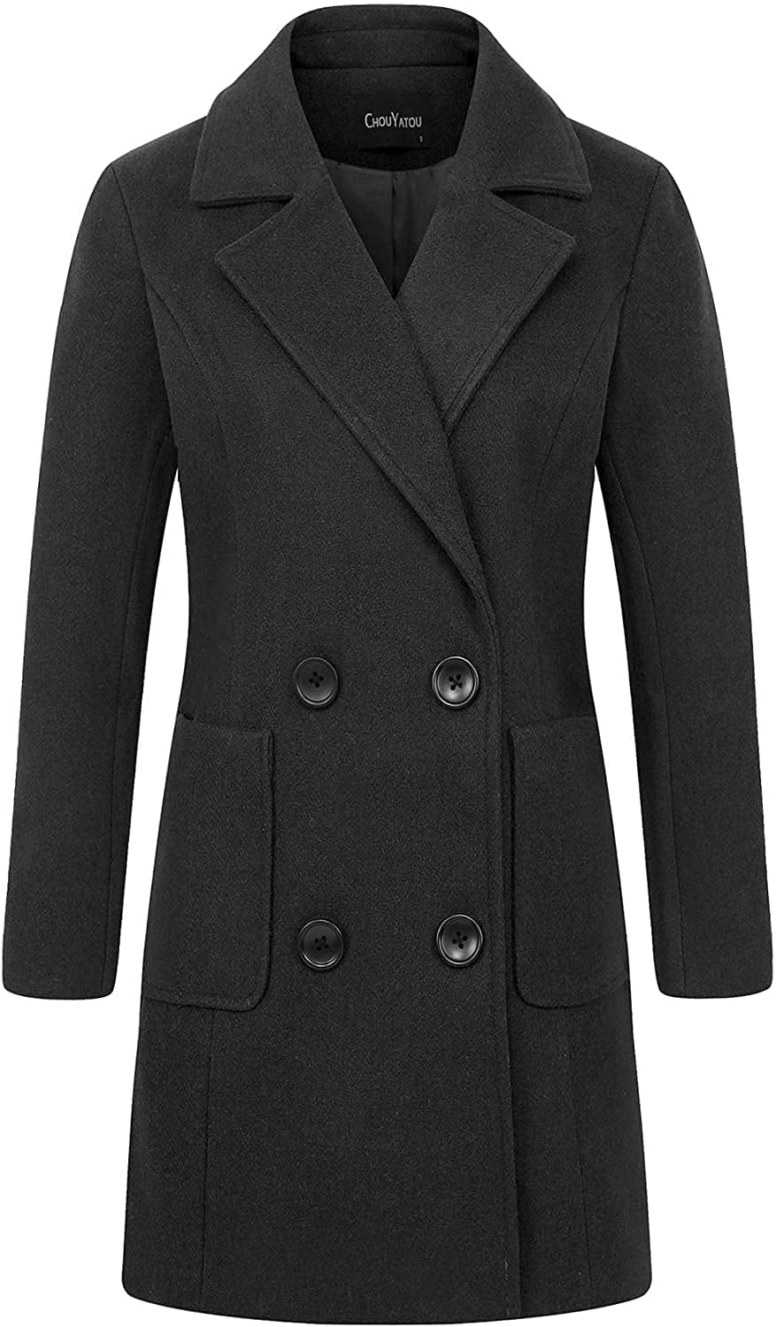 chouyatou Women Elegant Notched Collar Double Breasted Wool Blend Over Coat (Medium, Black)