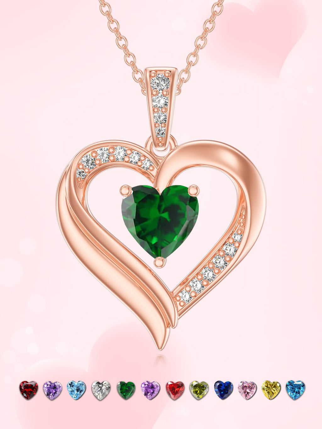 KQ&TTENG Necklace for Women Rose Gold Heart Emerald Pendant May Birthstone Necklace Jewellery Birthday Gifts for Wife Mother Her
