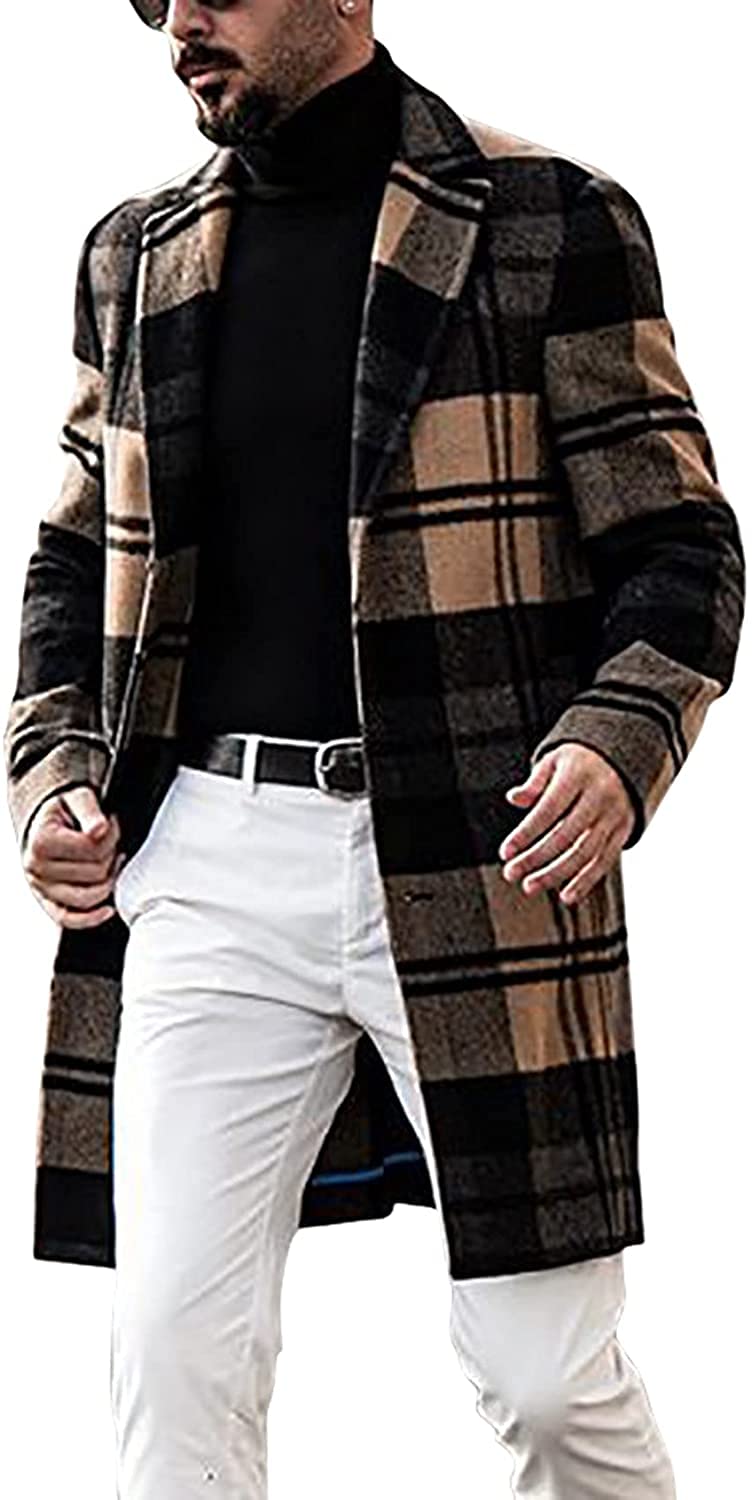 chouyatou Men's Casual Notched Collar Plaid Single Breasted Wool Blend Formal Trench Top Coat (Brown-Plaid, Large)