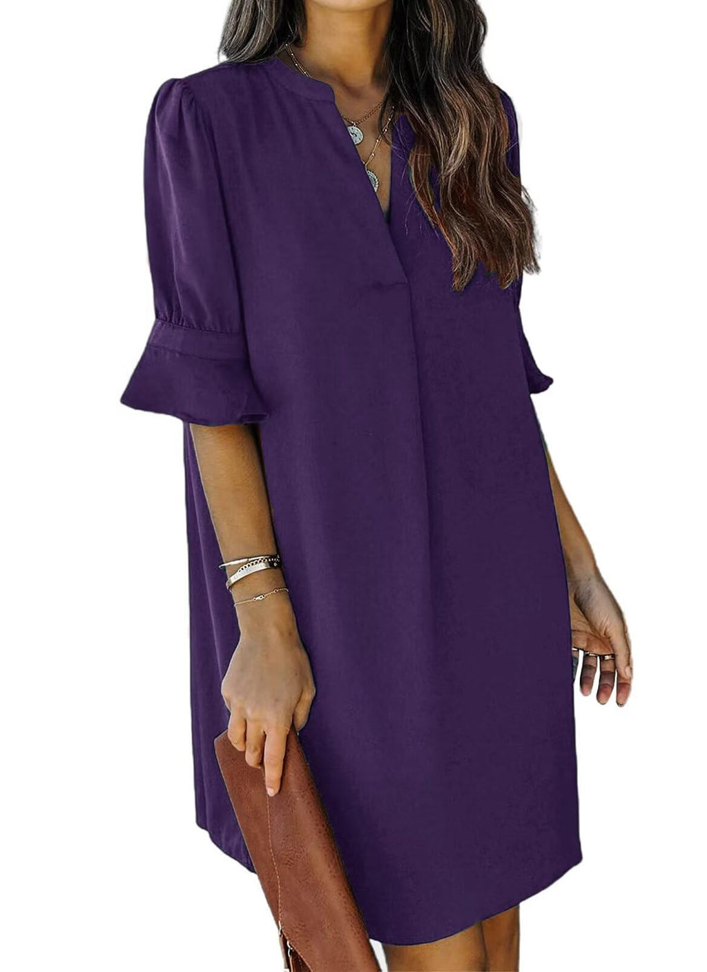 QACOHU Summer Dresses for Women's Summer Tunic V Neck Casual Loose Flowy Swing Shift Dress Purple L