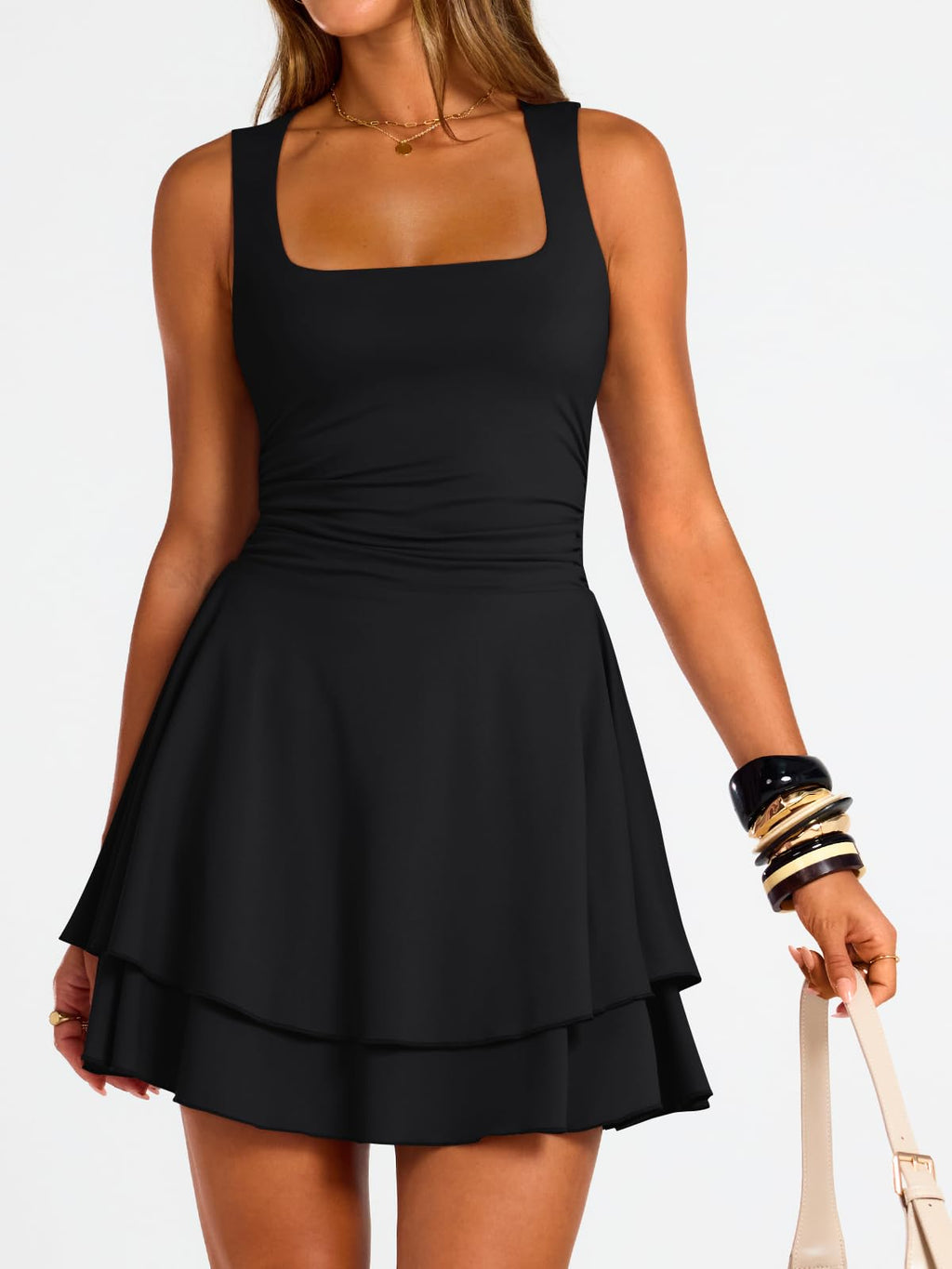 Trendy Queen Womens Mini 2026 Summer Spring Party Cruise Beach Vacation Clothes Outfit Athletic Resort Wear Date Night Teen Cute Flowy Sun Sundress Ruched Birthday Homecoming Short Dress Black