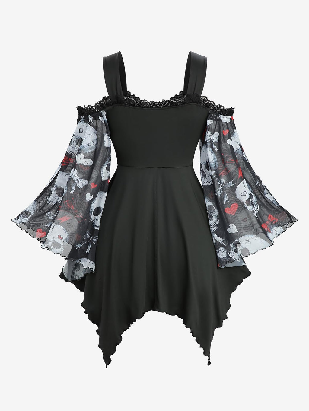 ROSE GAL Plus Size Women Halloween Costume T-Shirt Gothic Top Skull Bowknot Print Mesh Lace Up Bell Sleeve Handkerchief Hem Cold Shoulder Top(Black/1X)