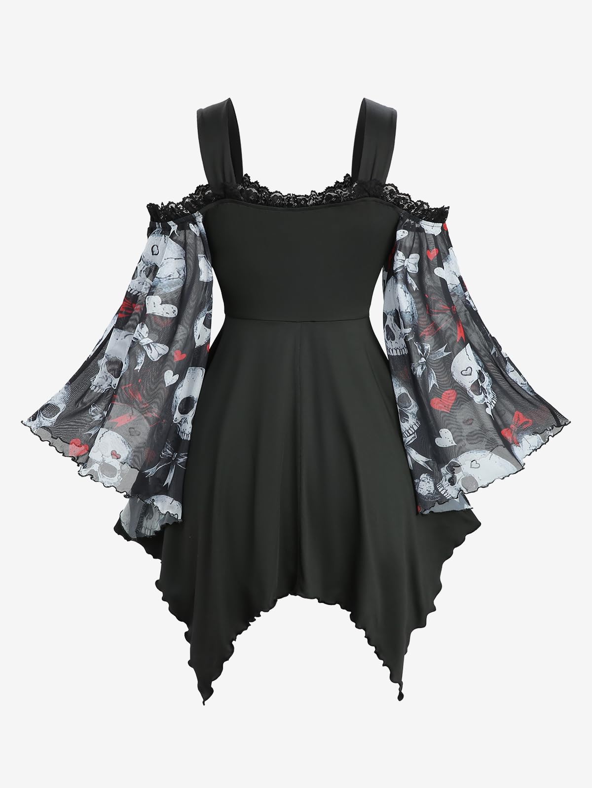 ROSE GAL Plus Size Women Halloween Costume T-Shirt Gothic Top Skull Bowknot Print Mesh Lace Up Bell Sleeve Handkerchief Hem Cold Shoulder Top(Black/1X)