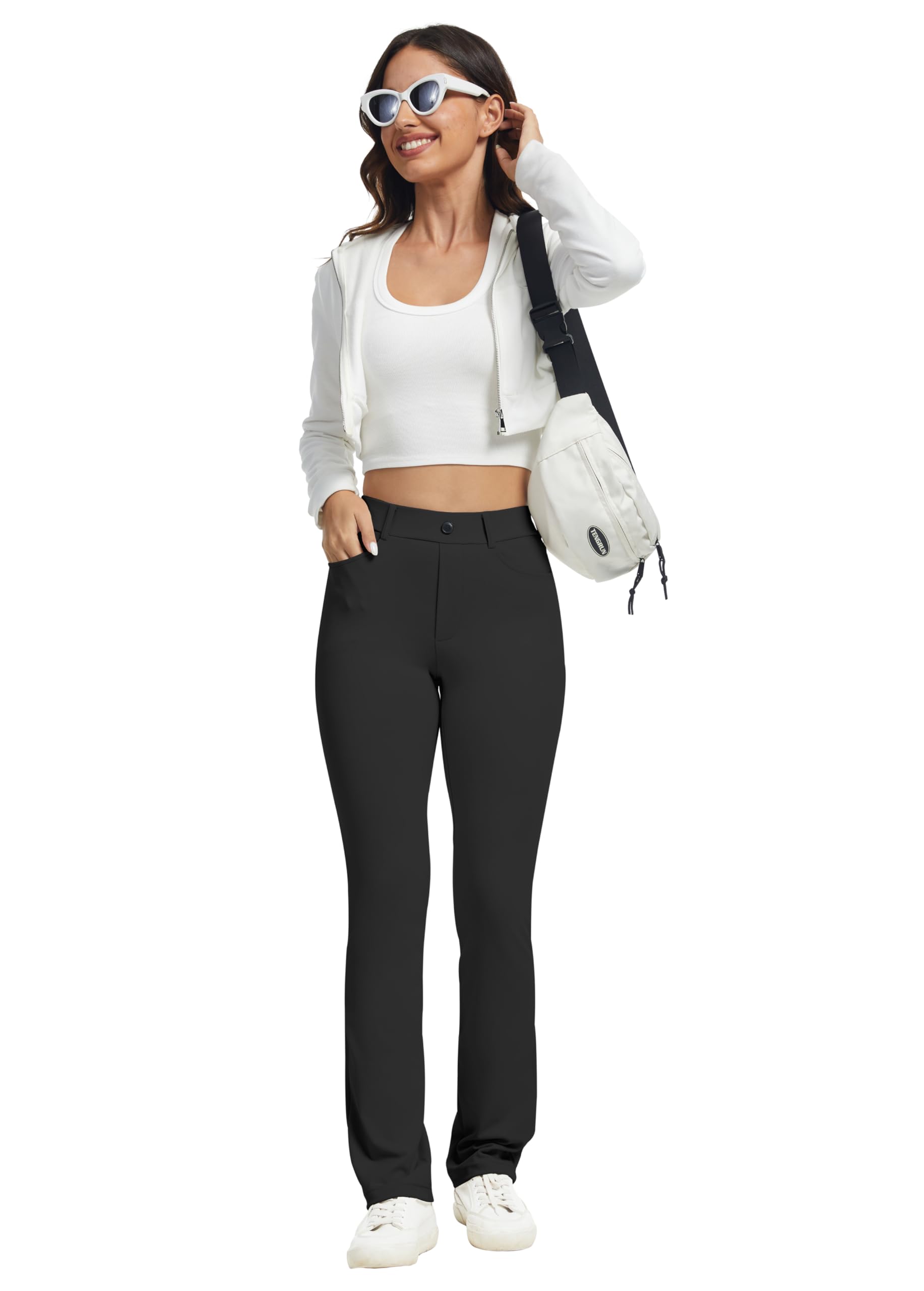 VIMPEP Yoga Pants Women Straight Leg Pants with Pockets High Waist Stretchy Pull On Dress Slacks for Casual Lounge Office Work Petite/Regular 1202 31 Black XL