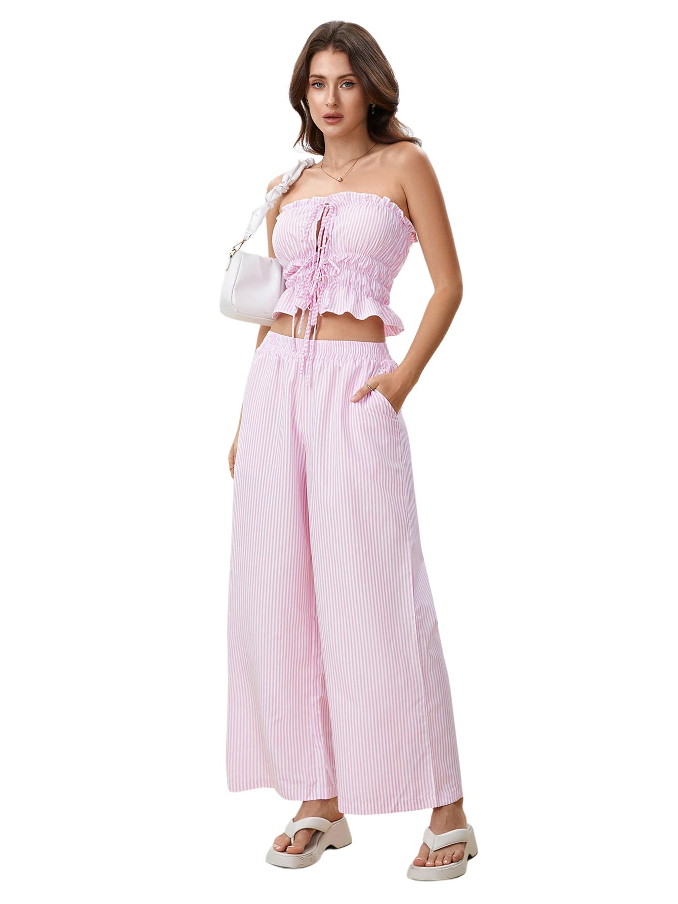 WDIRARA Women's Striped 2 Piece Pants Set Strapless Tie Bandeau Wide Leg Pants Outfits Pink White X-Small
