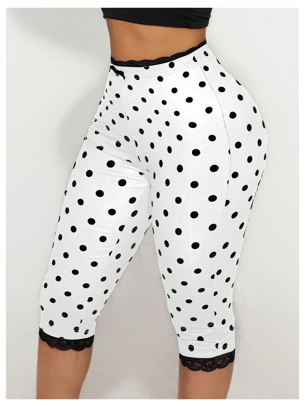 WDIRARA Women's Polka Dots Capris Pants Lace Trim Elastic High Waisted Skinny Yoga Leggings White Large