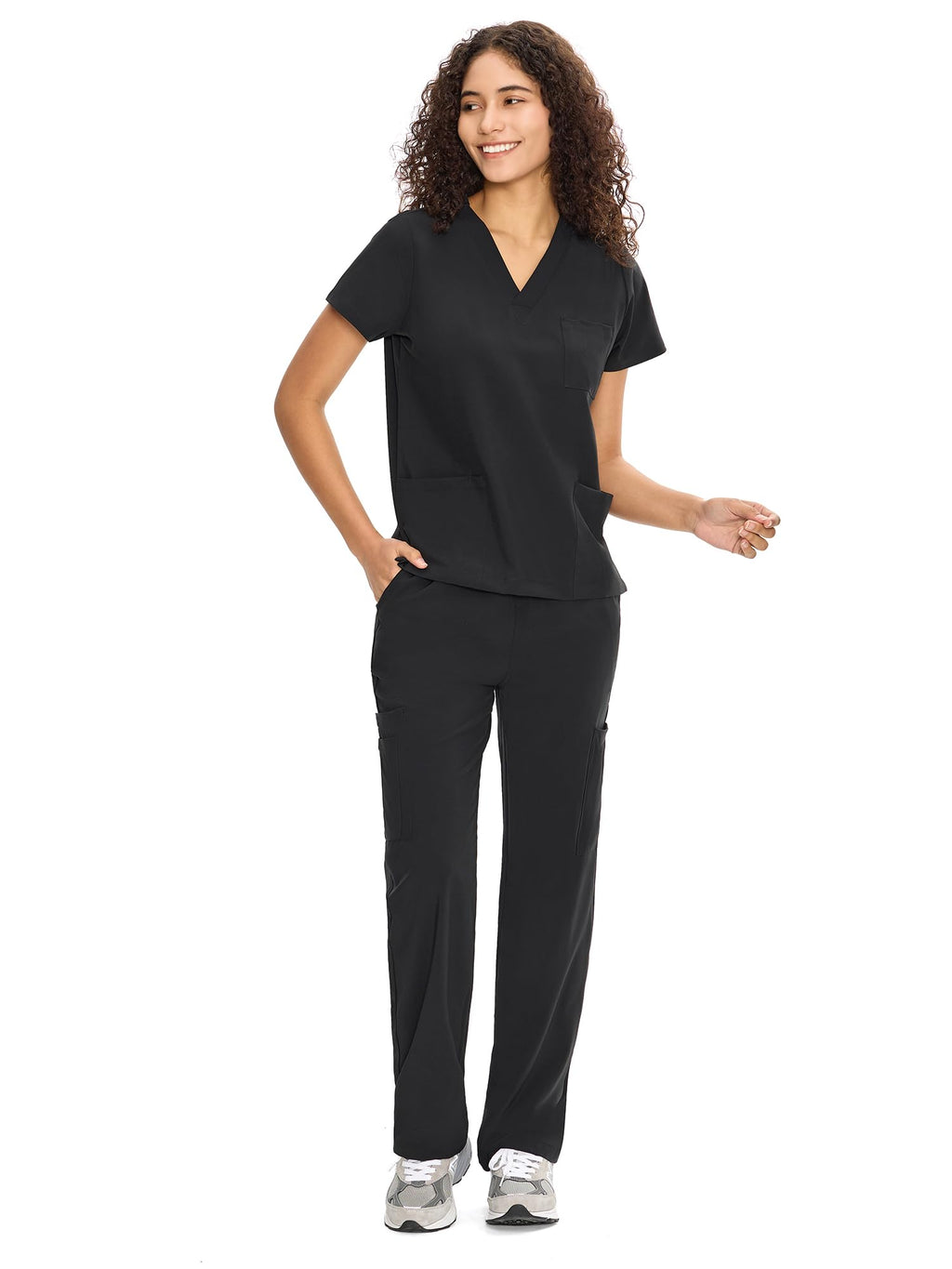 COZYFIT Scrubs for Women Set Medical Uniform - V-Neck Top & Straight Leg Pants with 9 Pockets, Unisex Workwear COZY SCRUBS, Black, M