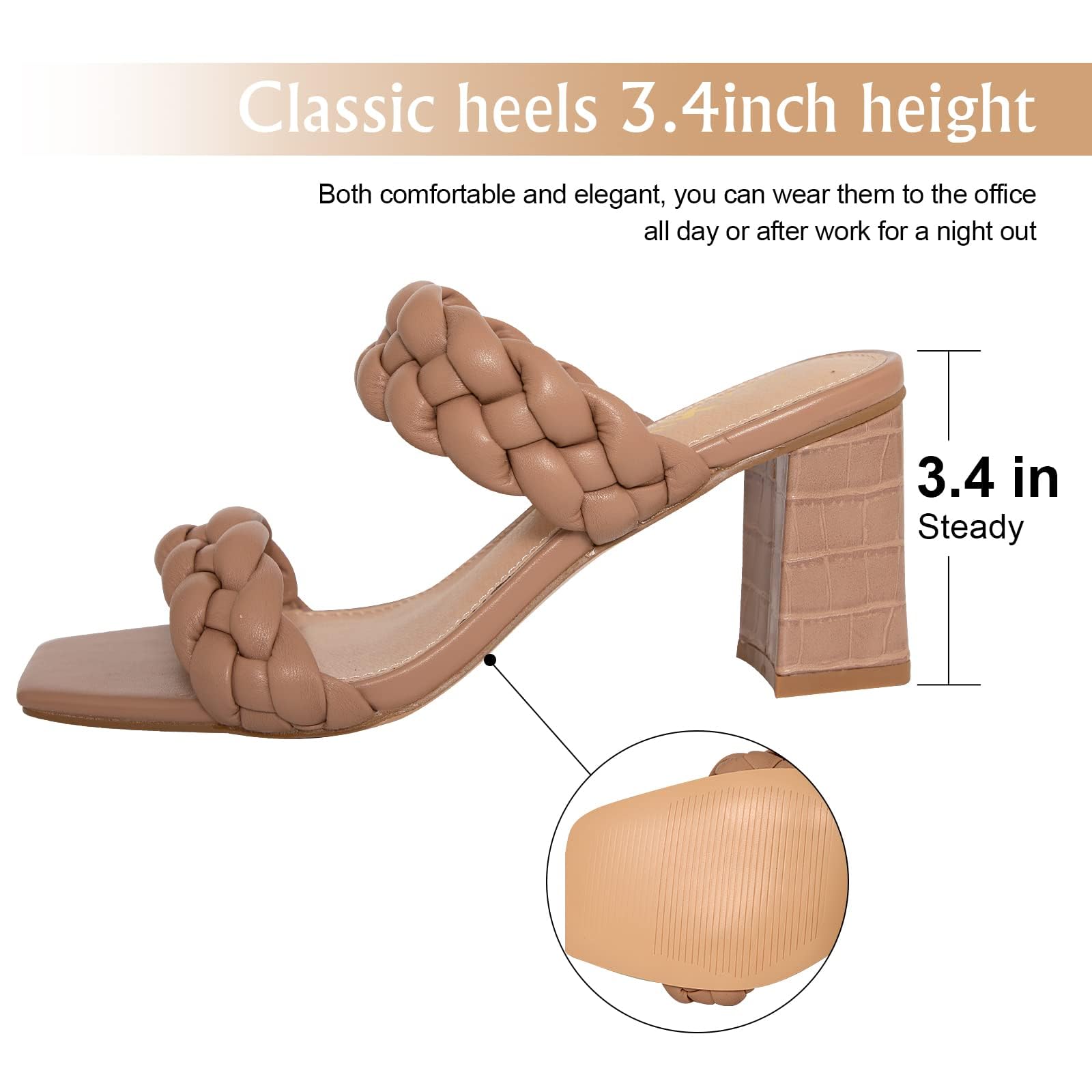Athlefit Women's Braided Heeled Sandals Fashion Square Open Toe Comfortable Slip on Block Nude Heels Size 8