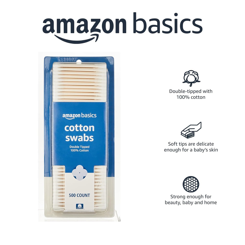 Amazon Basics Double-Tipped Cotton Swabs for Personal Hygiene and Baby Care, 100% Cotton, Versatile, Baby Safe, 500 Count