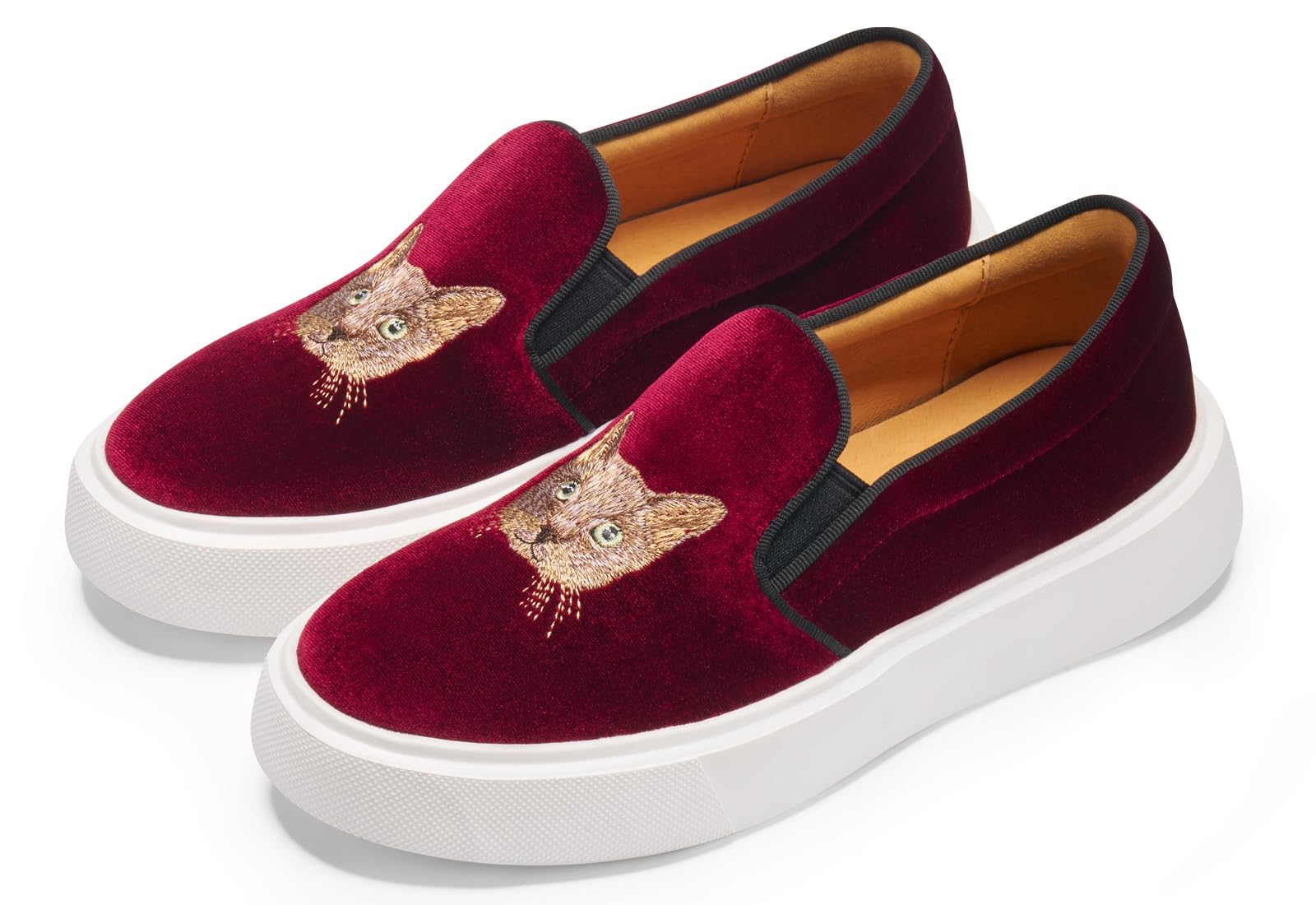 Women's Fashion Velvet Sneakers with Embroidery Light Weight Comfortable Slip-On Work Shoes for Women Cat Burgundy US 9.5