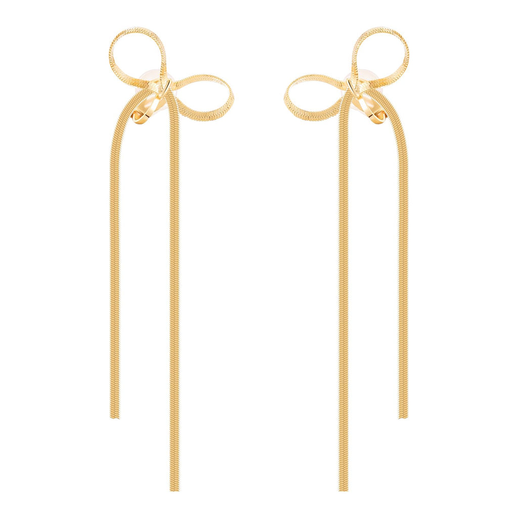 NVWAROCK Cilp-on Gold Bow Earrings Non Pierced Ribbon Bow Dangle Drop Tassel Statement Earring for Women 14K Real Gold Plated Dangling Long chain Earrings