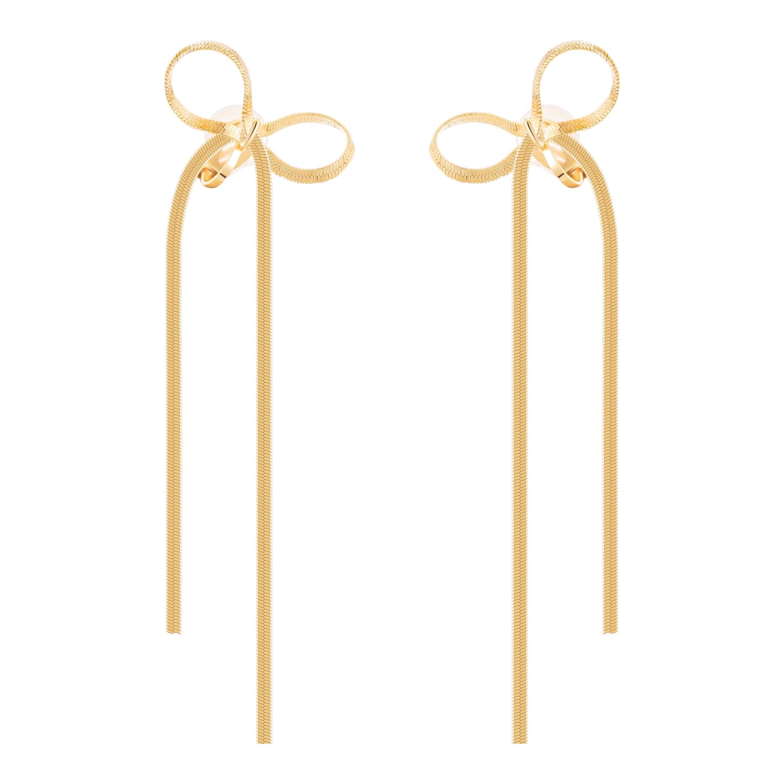 NVWAROCK Cilp-on Gold Bow Earrings Non Pierced Ribbon Bow Dangle Drop Tassel Statement Earring for Women 14K Real Gold Plated Dangling Long chain Earrings