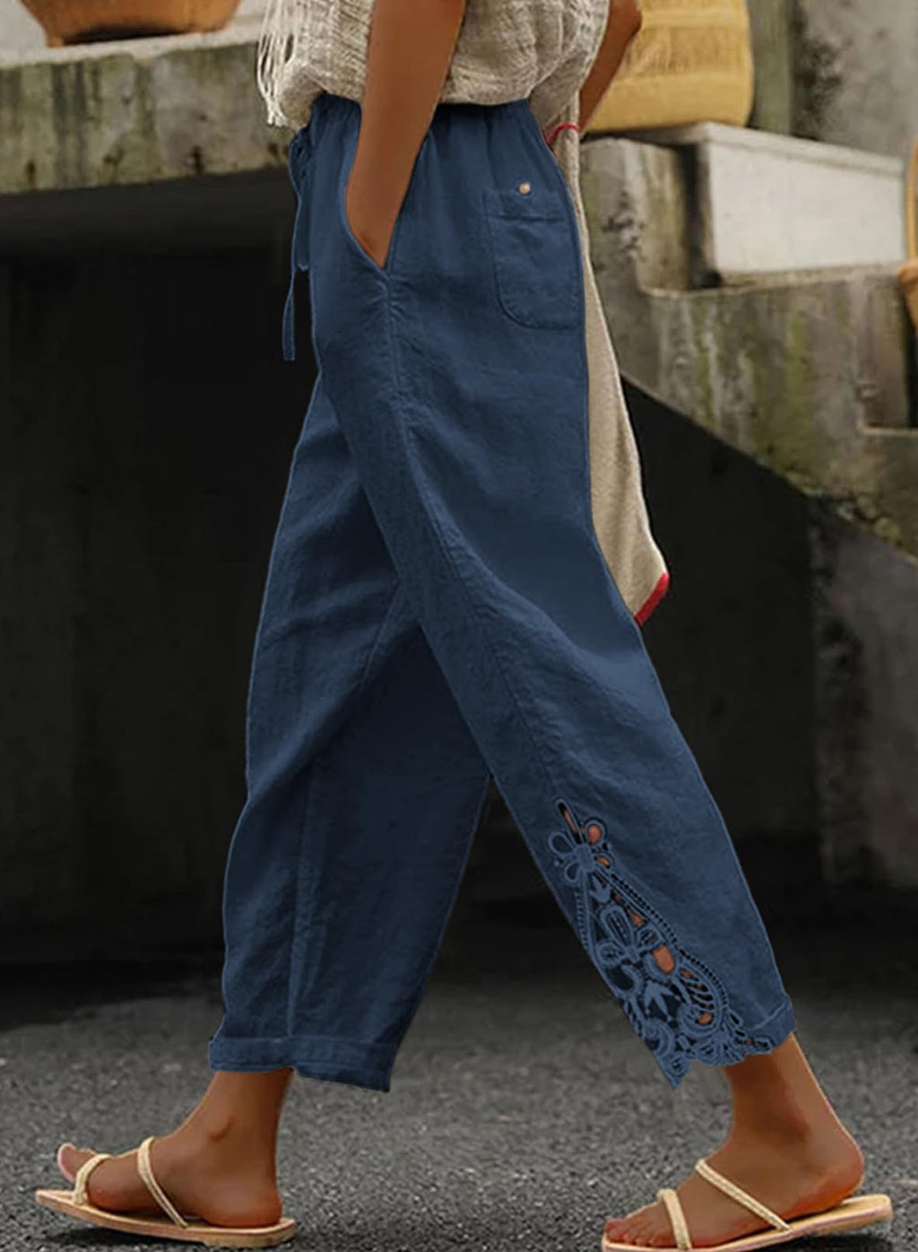 Acelitt Womens Casual Linen Pants Lightweight Drawstring Elastic Waist Fall 2026 Beach Ankle Capri Pants Trousers Blue Medium