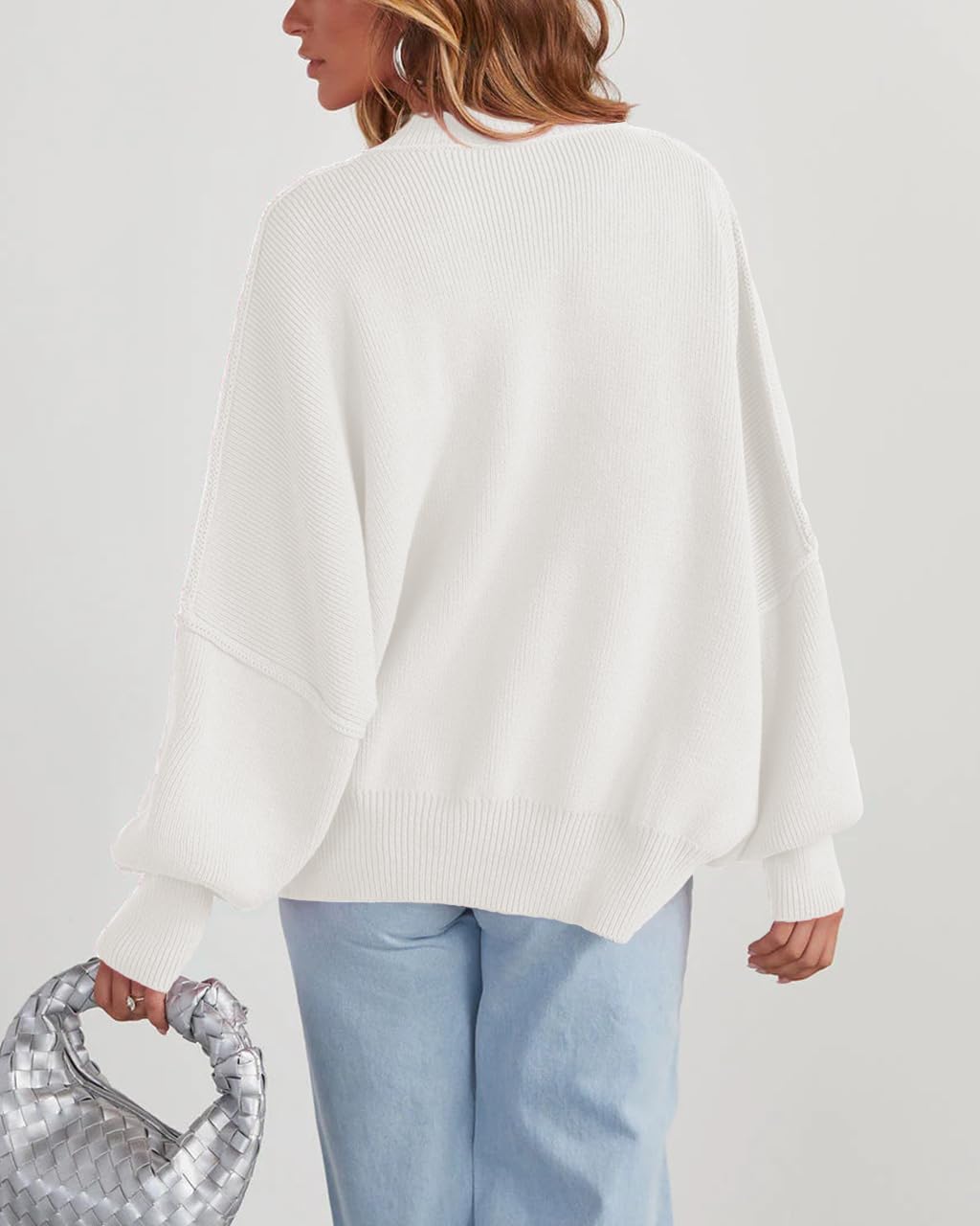 Women's Oversized Sweaters 2025 Fall Fashion Casual Outfits Crewneck Long Sleeve Batwing Pullover Tops Winter Clothes (White, L)